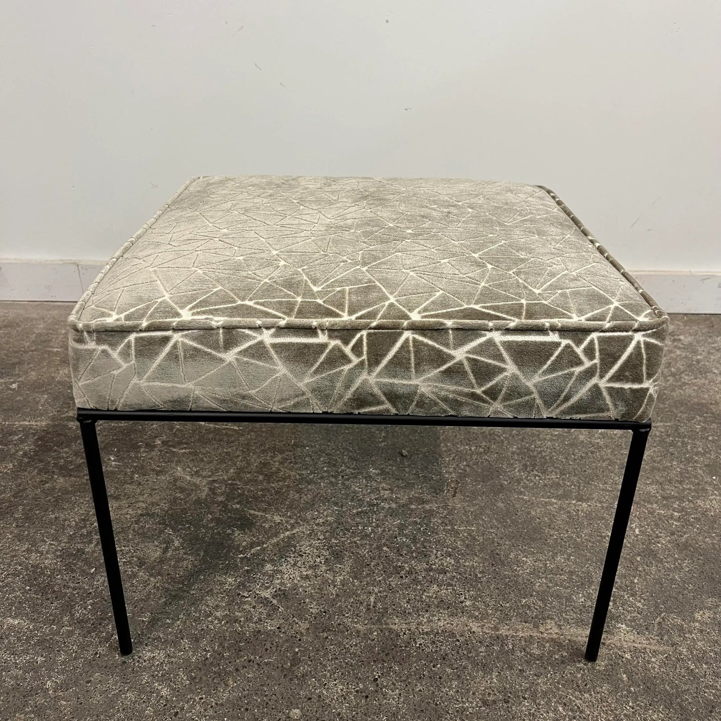 Paul McCobb Style Ottoman Stool Grey and White Cut Velvet
