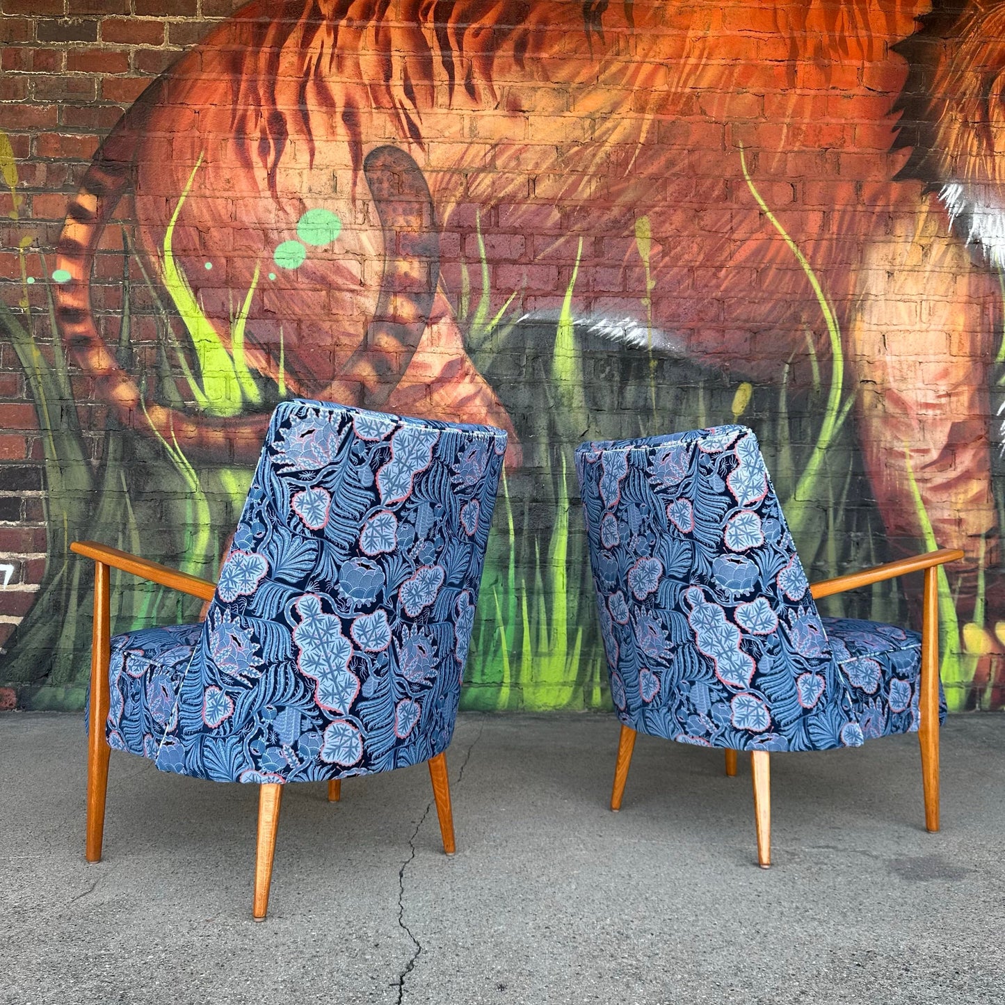 Pair of Mid Century Modern Klaus Haapaniemi & Co. Iceflower Blue Fabric Chairs