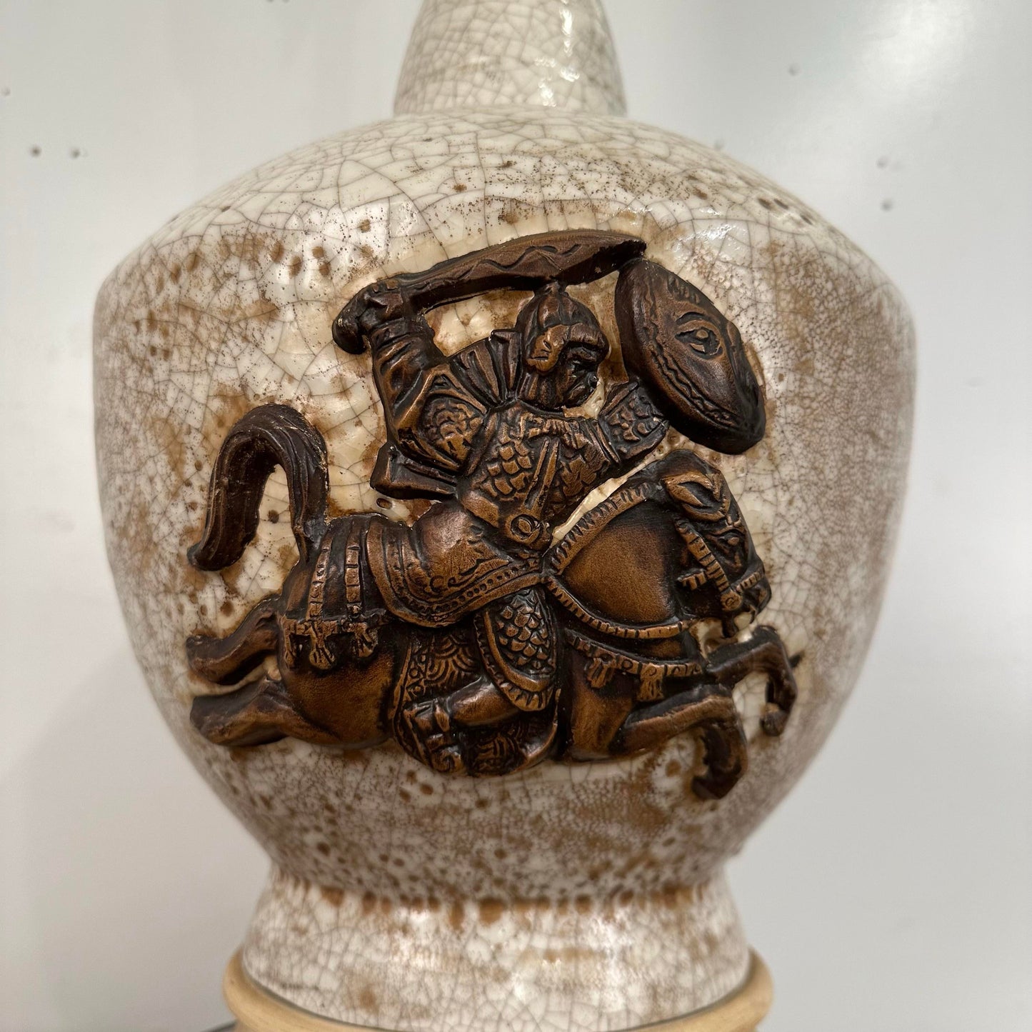 Mid Century Modern Large Scale Ceramic Chinoiserie Knight Table Lamp. James Mont Style