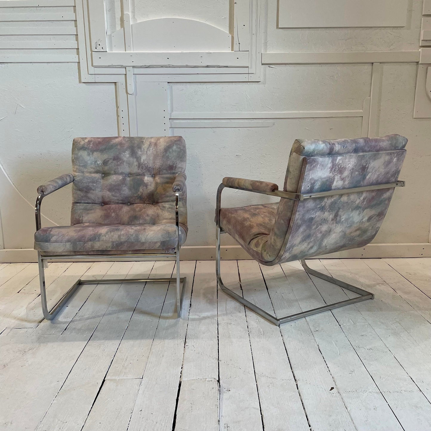 Vintage Milo Baughman Style Chrome Cantilevered Club Chairs - a Pair