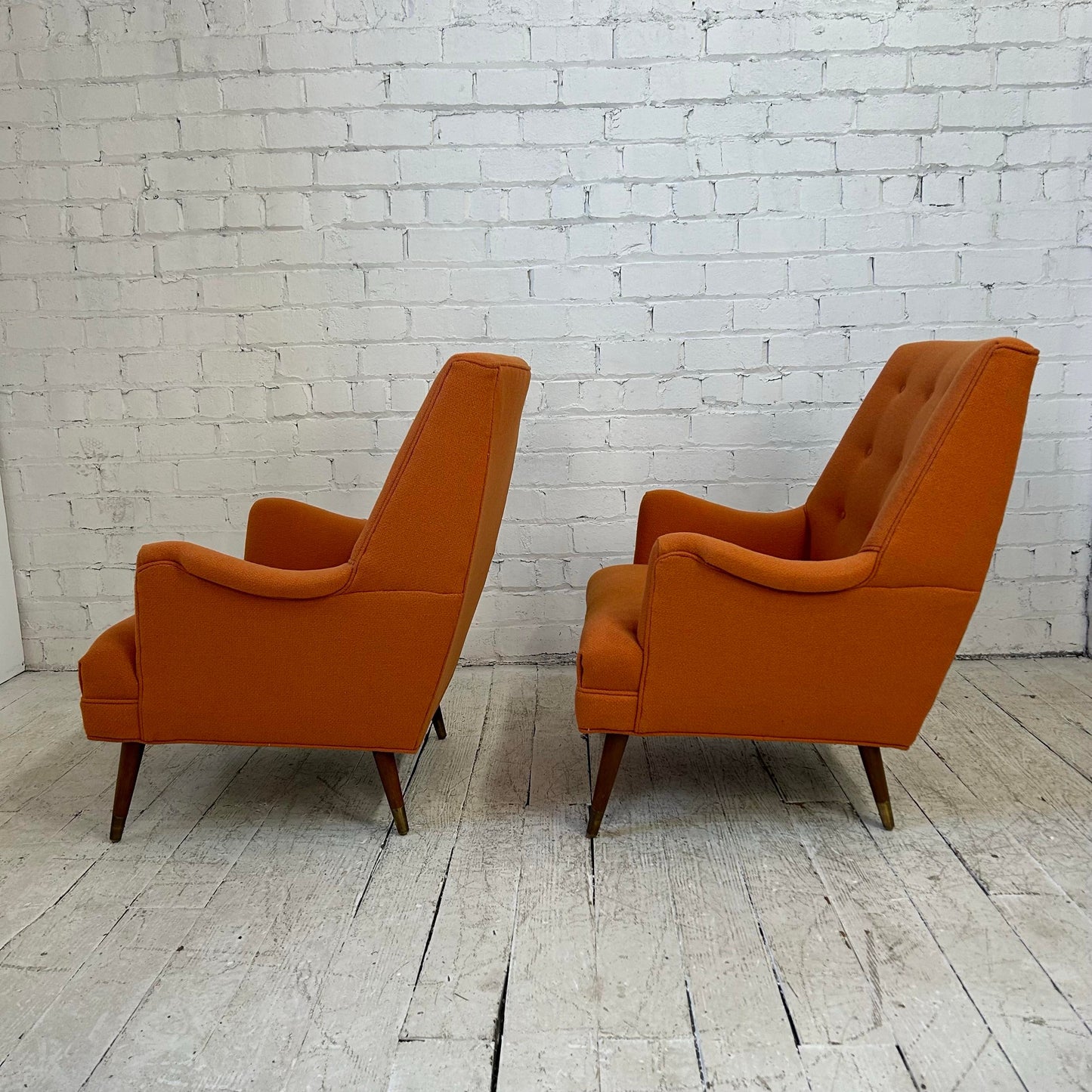 Reupholstered Pair of Orange Mid Century Modern Lounge Chairs