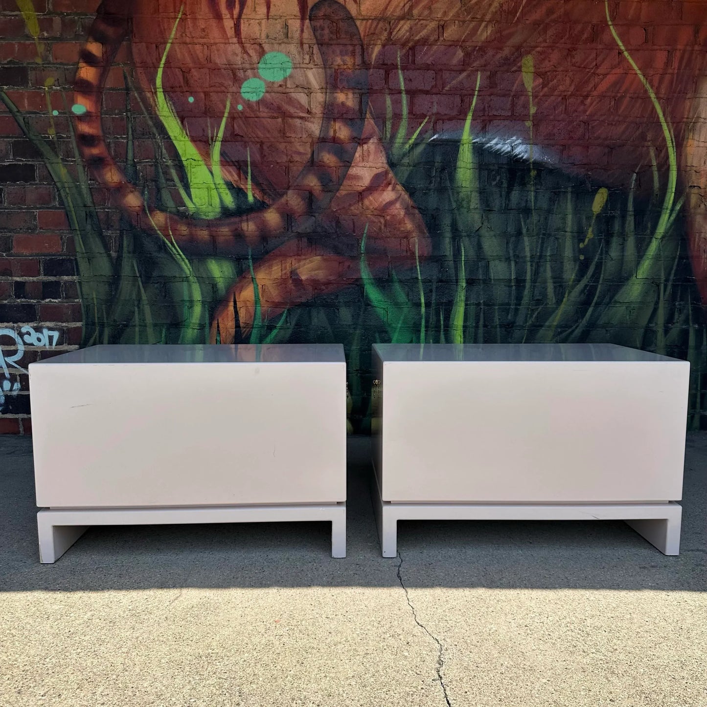 Pair of Light Pink Lacquered Nightstands Brass Hardware Western Furniture Company