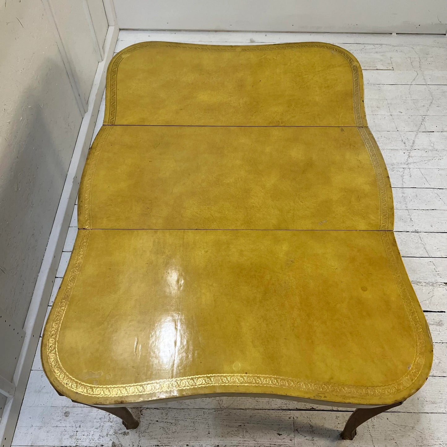 European Yellow Leather Wrapped Dining Table with Gold Trim