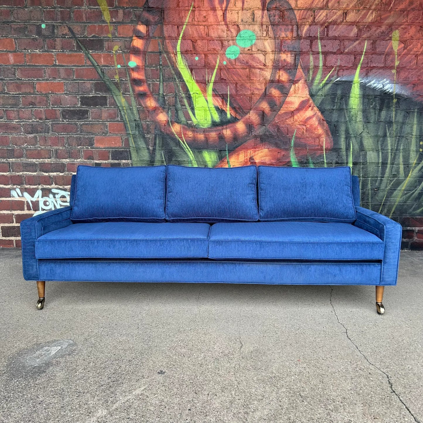 Mid Century Modern Sofa Reupholstered Blue Corduroy on Casters Possibly Selig