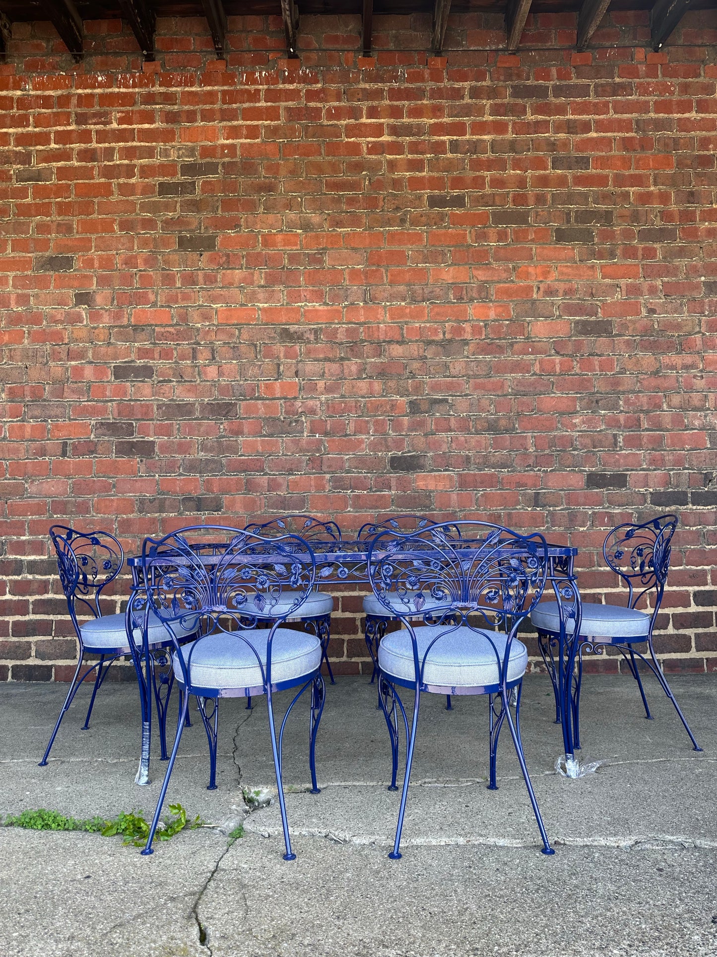 Vintage Whimsical Patio Dining Set 6 Chairs and Table Professionally Powder Coated and Upholstered