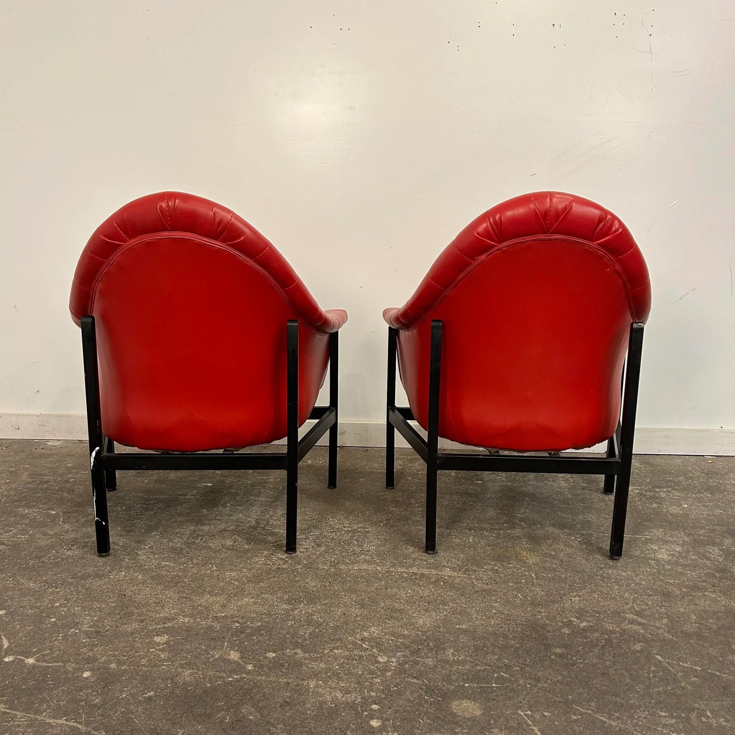 Red Vinyl Tufted Lounge Chairs Styled After Milo Baughman by Frank and Son