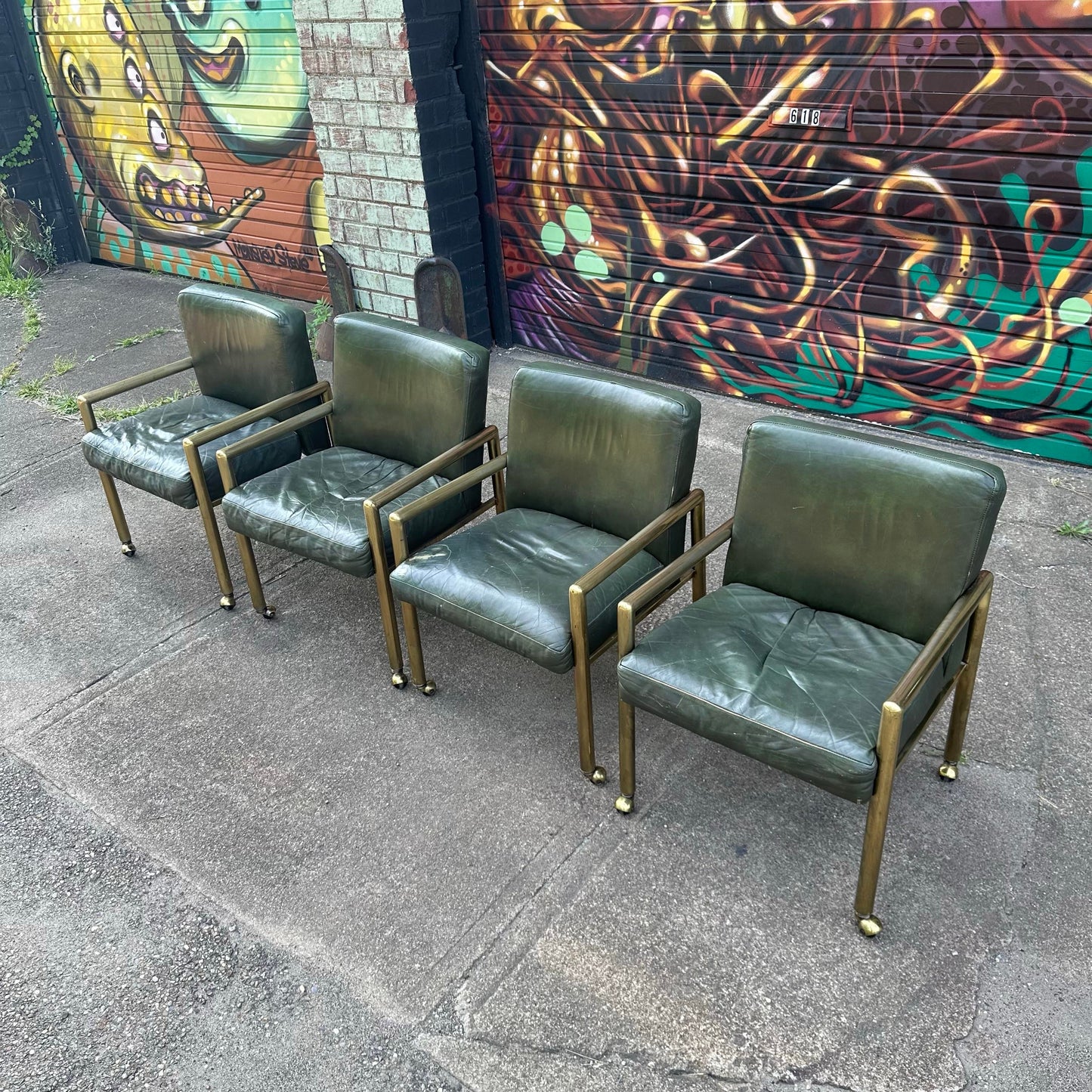 Set of 4 Tubular Brass and Leather Chairs on Wheels