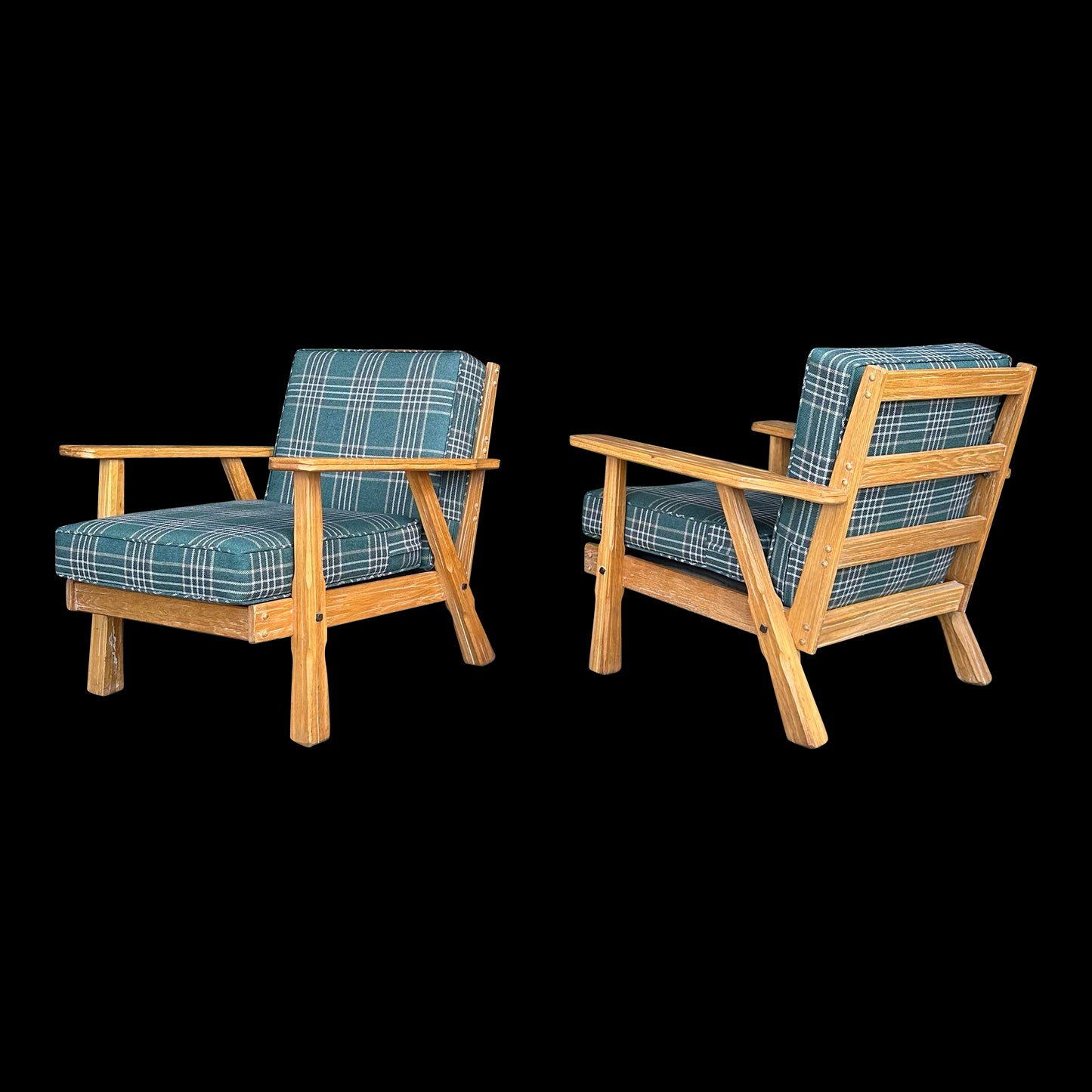 Pair of Ranch Oak Lounge Chairs Reupholstered in Plaid From Pindler