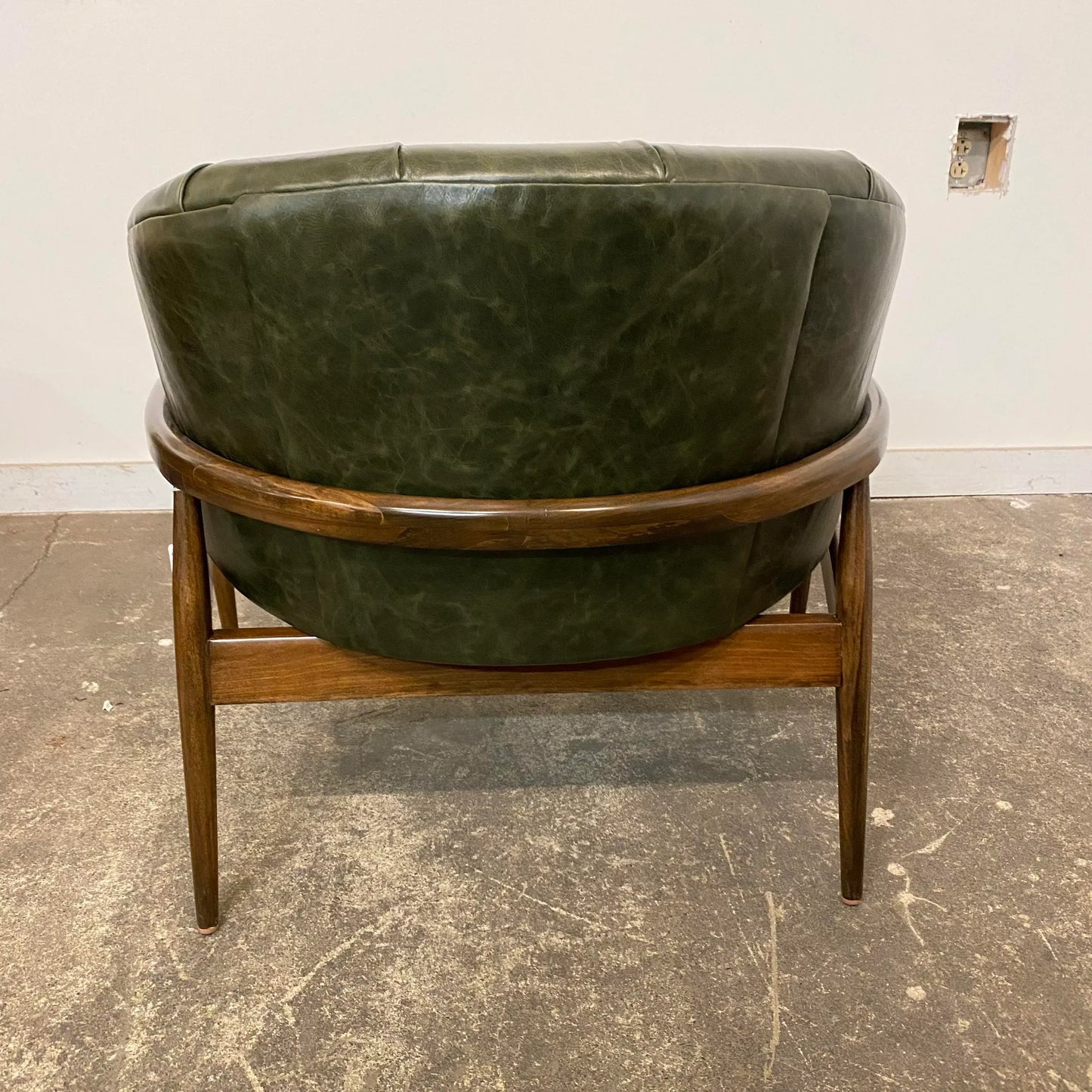 Mid Century Modern Milo Baughman Style Reupholstered Leather Barrel Back Chair. Green