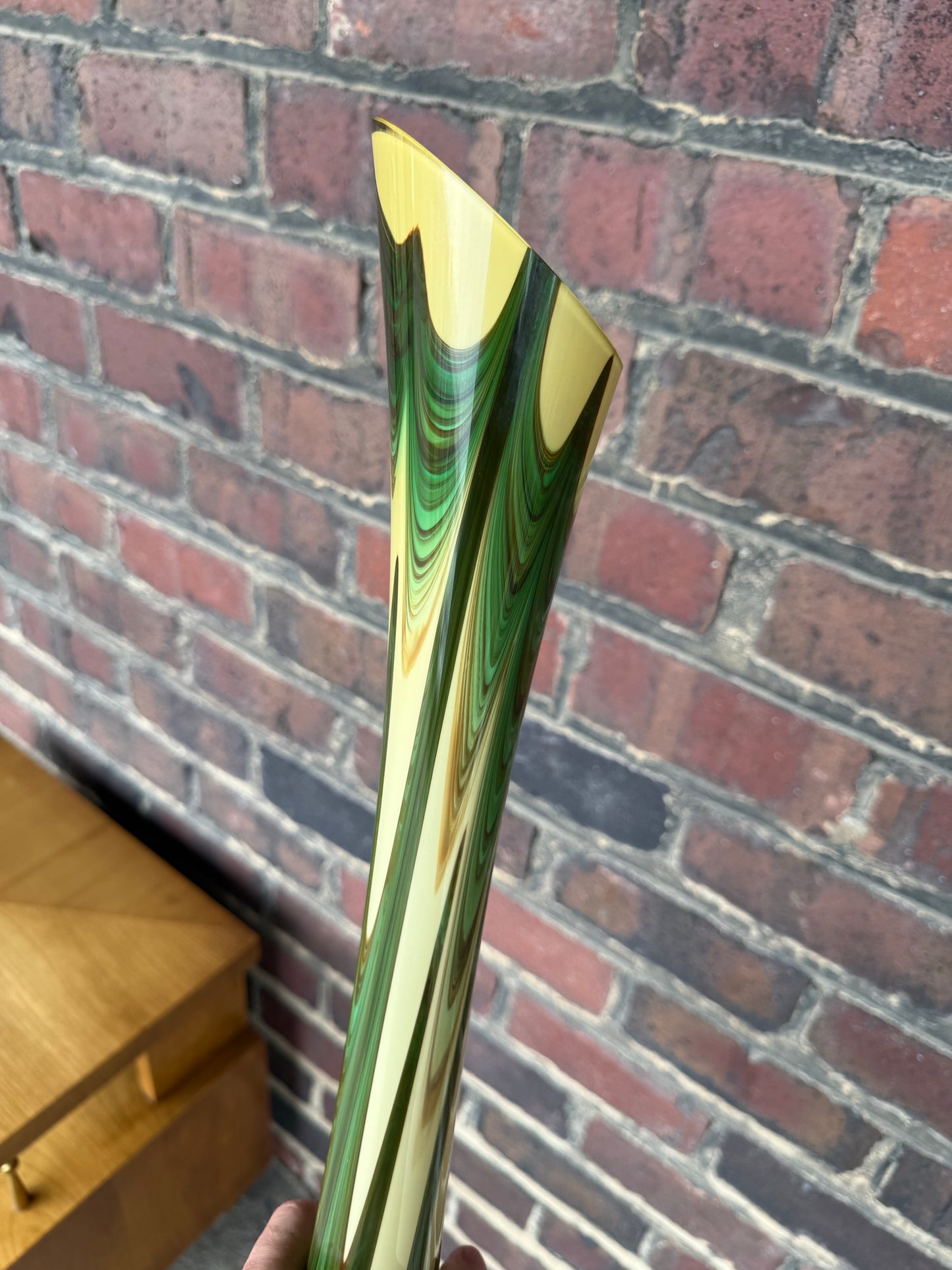 Vintage Tall Green Cream and Brown Swirled Art Glass Floor Vase 29”