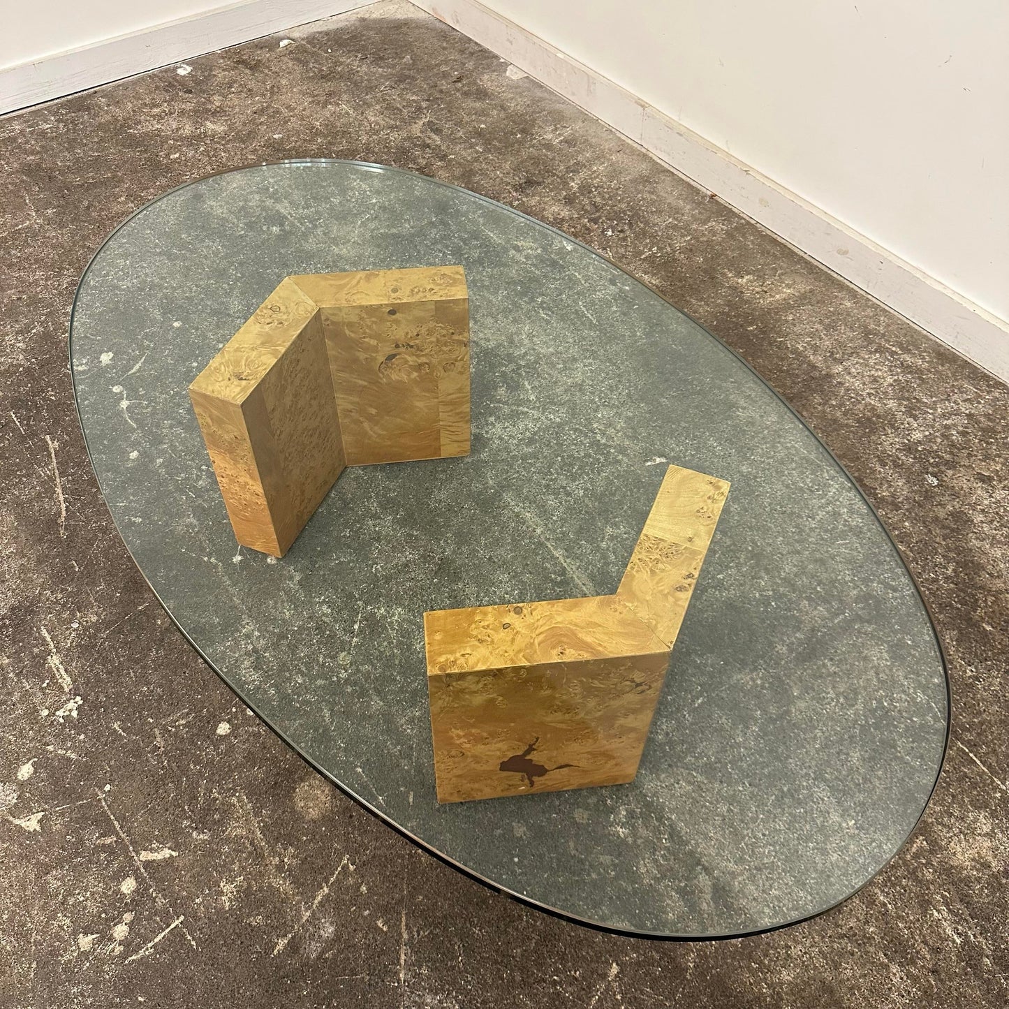 Baughman Style Burl Wood and Glass Oval Coffee Table