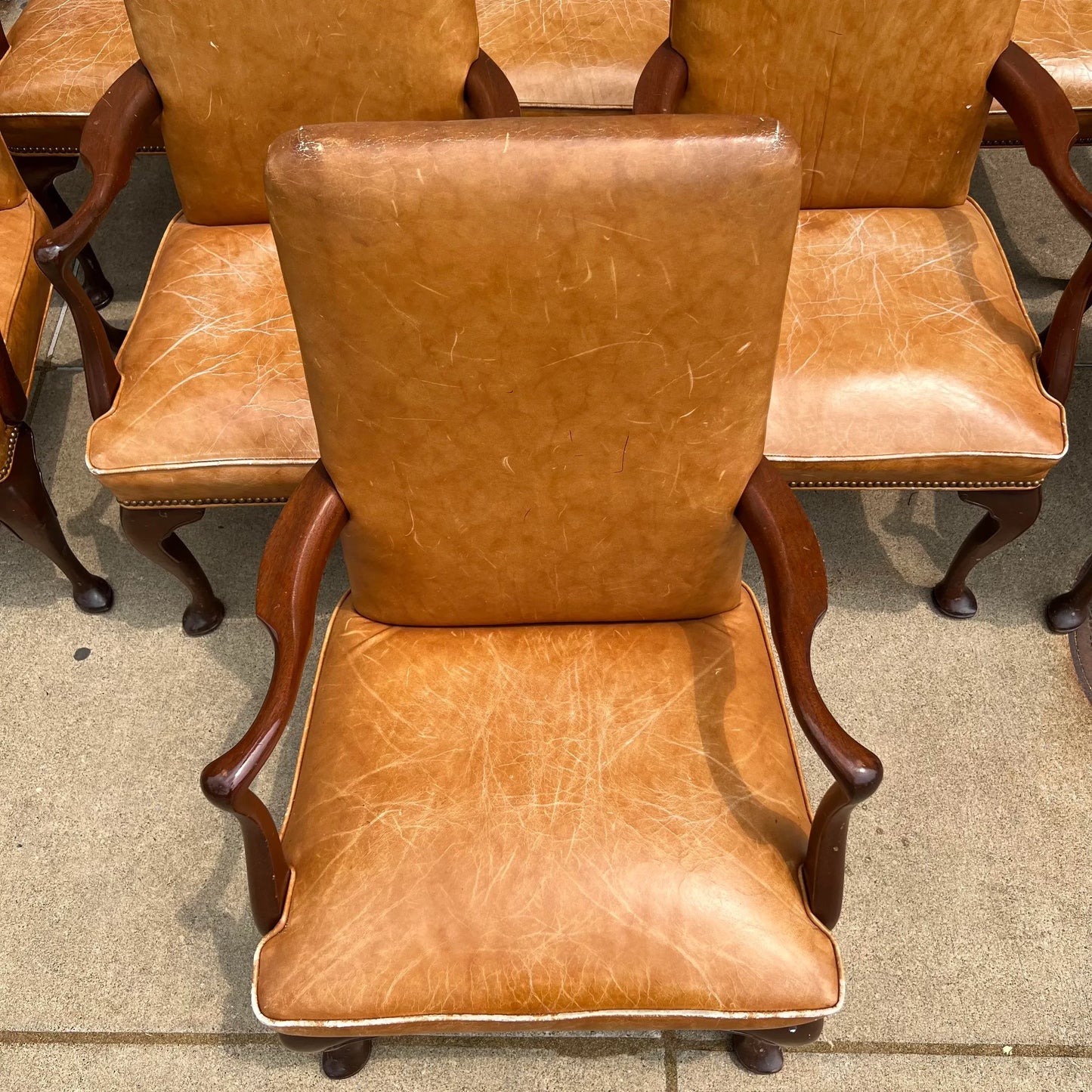10 Antique Leather and Wood Arm Chairs Dining Conference Desk