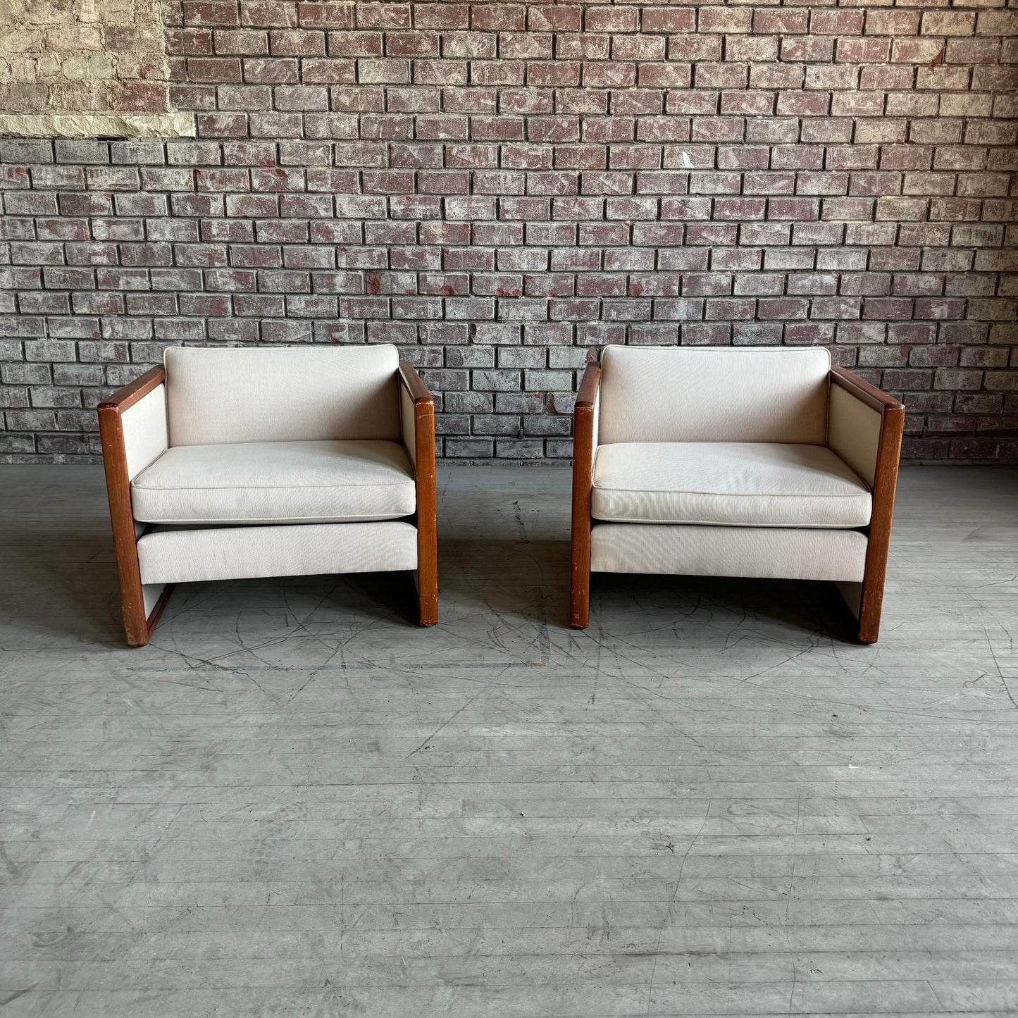 Pair of Cube Lounge Chairs Wood Trim