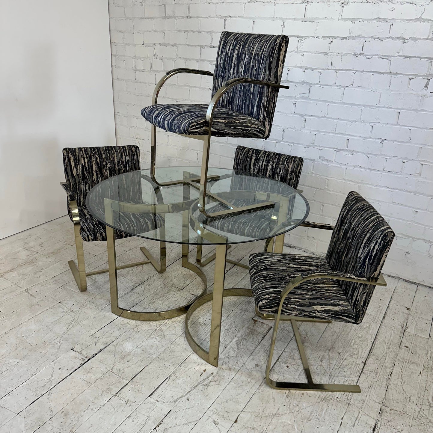 Glass and Brass Dining Set With Four Chairs Knoll Style Flat Bar Milo Baughman