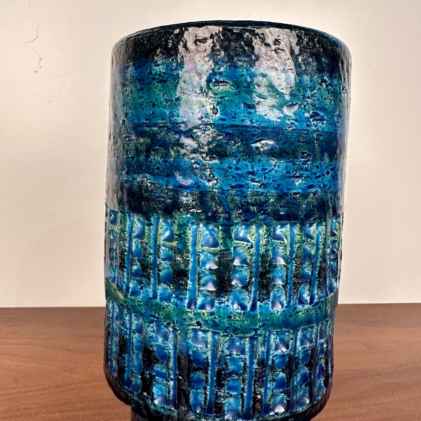 Mid Century Modern Italian Bitossi Rimini Blue Green Pottery Vase for Raymor