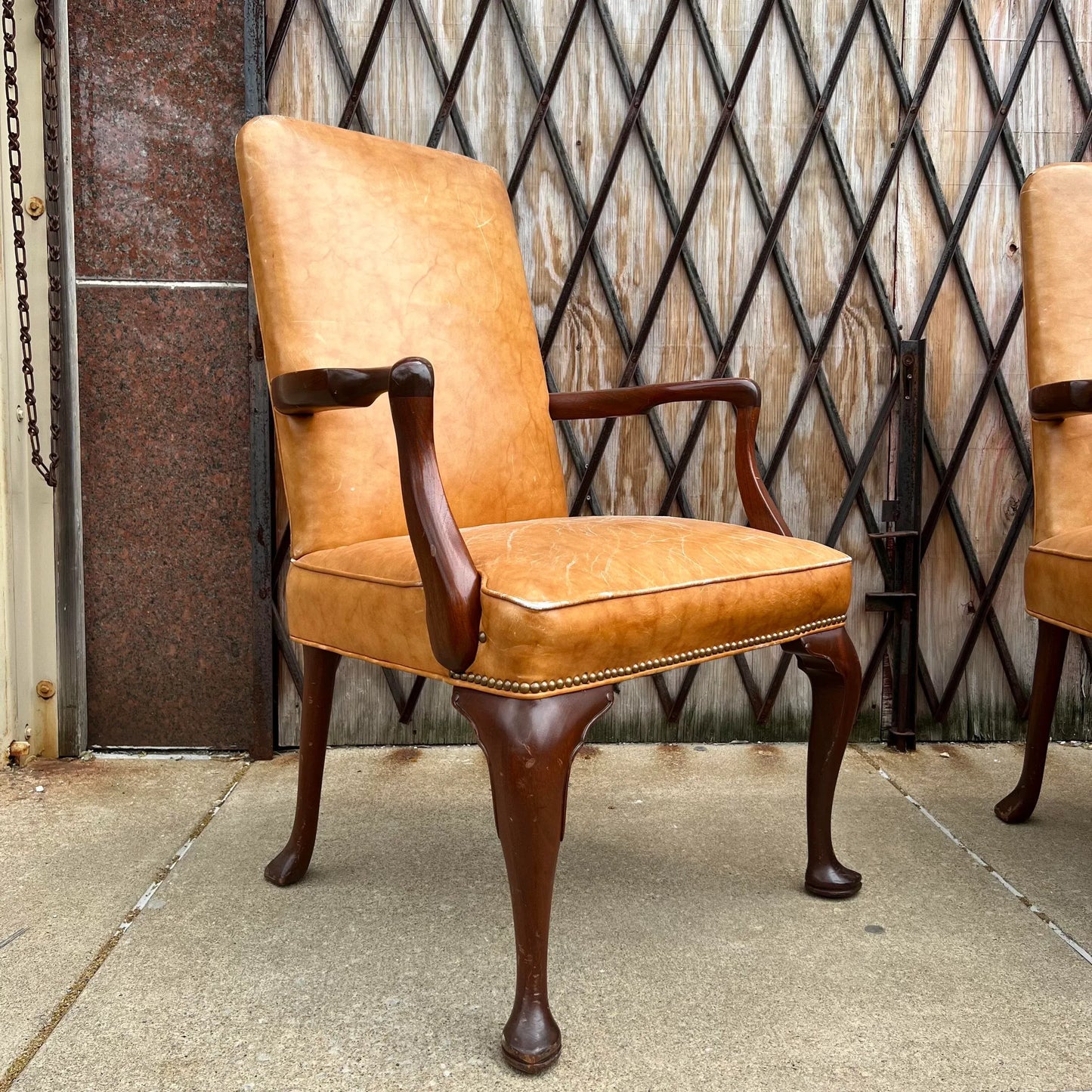 10 Antique Leather and Wood Arm Chairs Dining Conference Desk