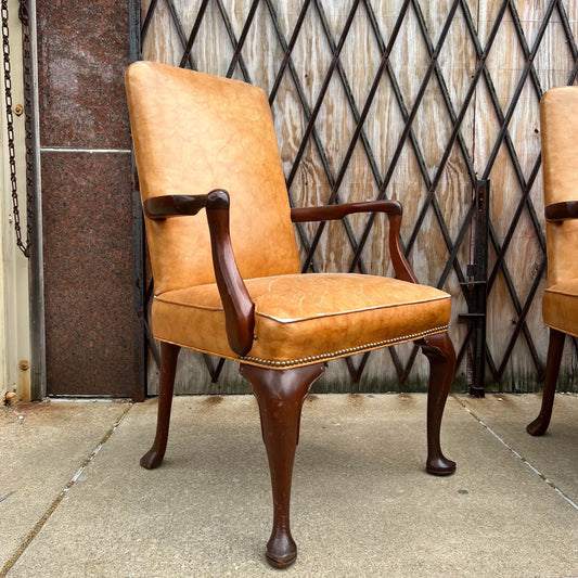 10 Antique Leather and Wood Arm Chairs Dining Conference Desk