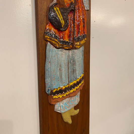 Vintage Ceramic Wall Art of Woman on Walnut and Rosewood Board Mid Century Style of Harris Strong