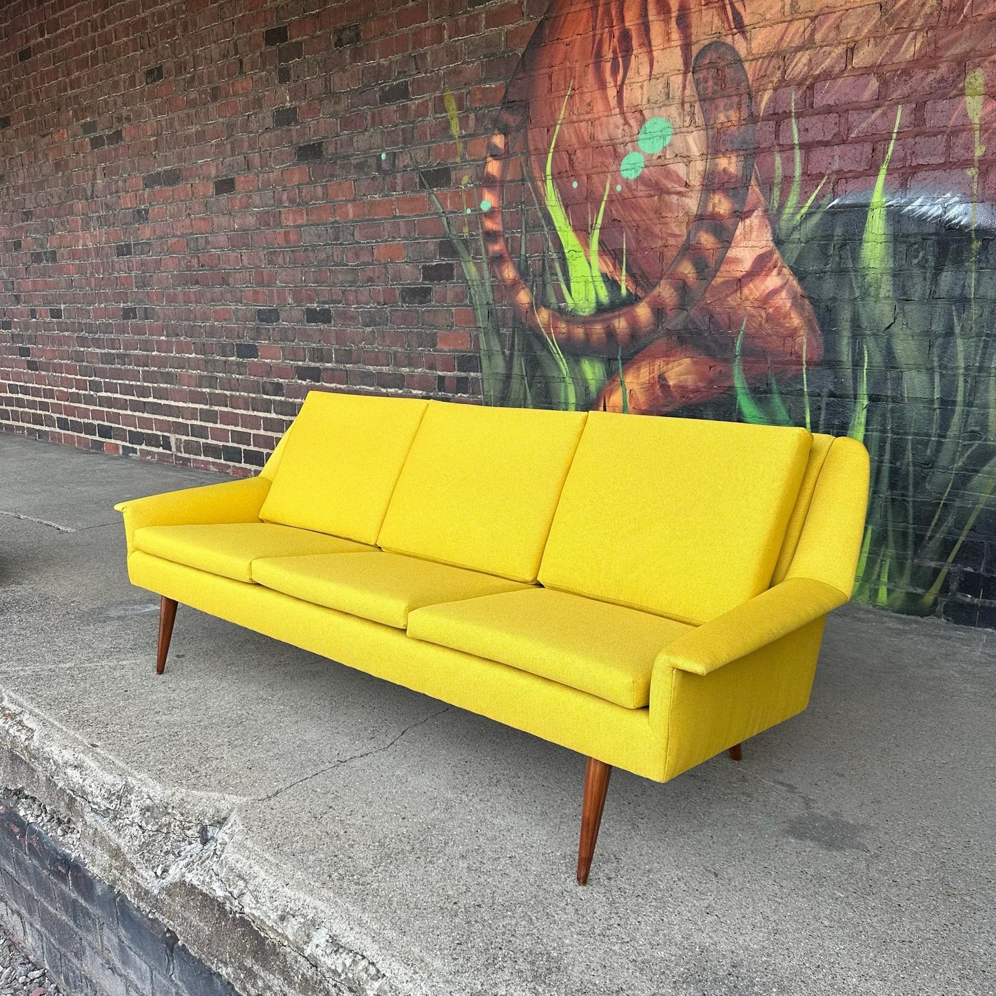 Reupholstered and Refinished Yellow Dux Sofa