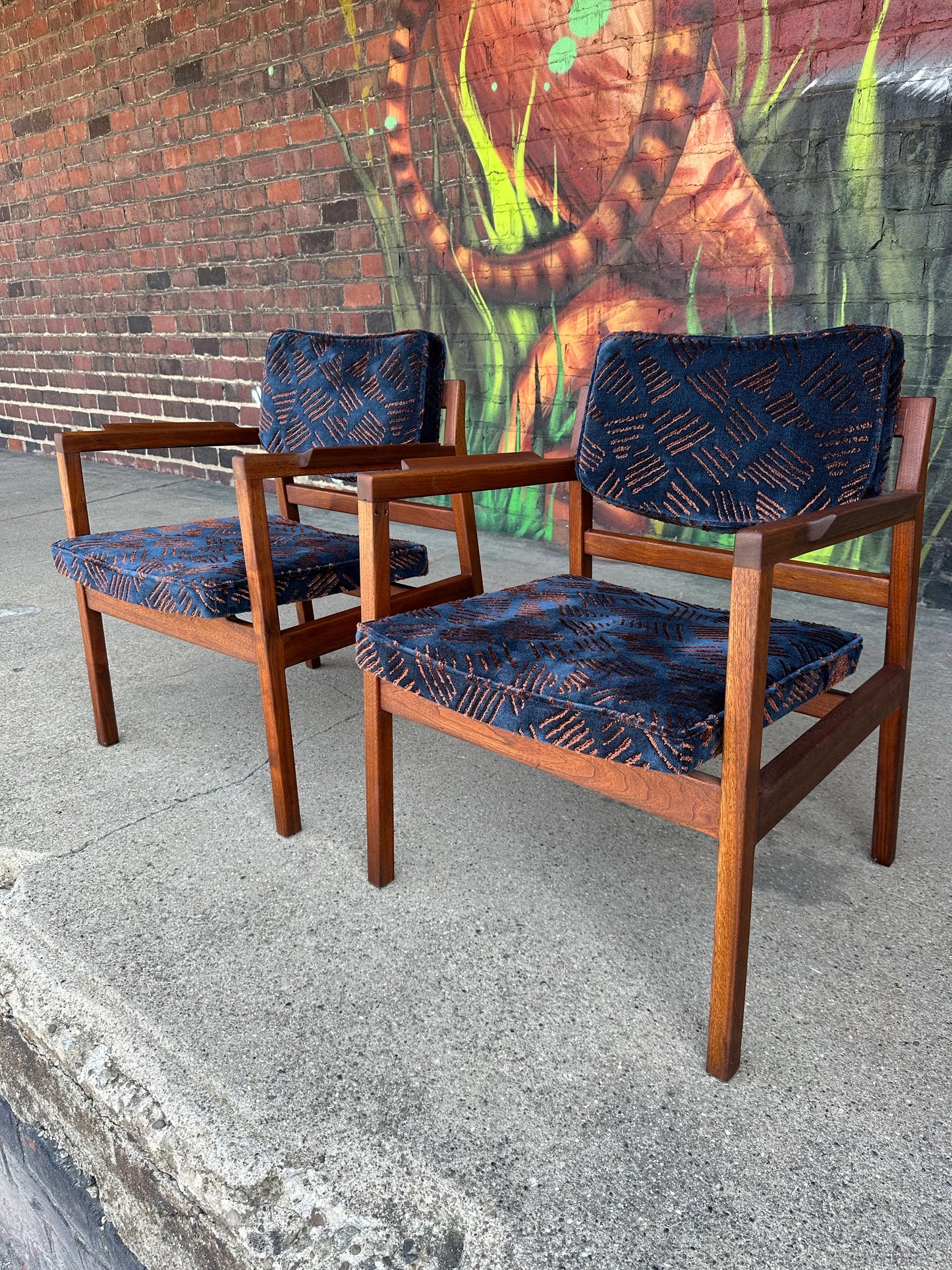 Pair of Walnut Jens Risom Arm Chairs in Jack Lenor Larsen Fabric