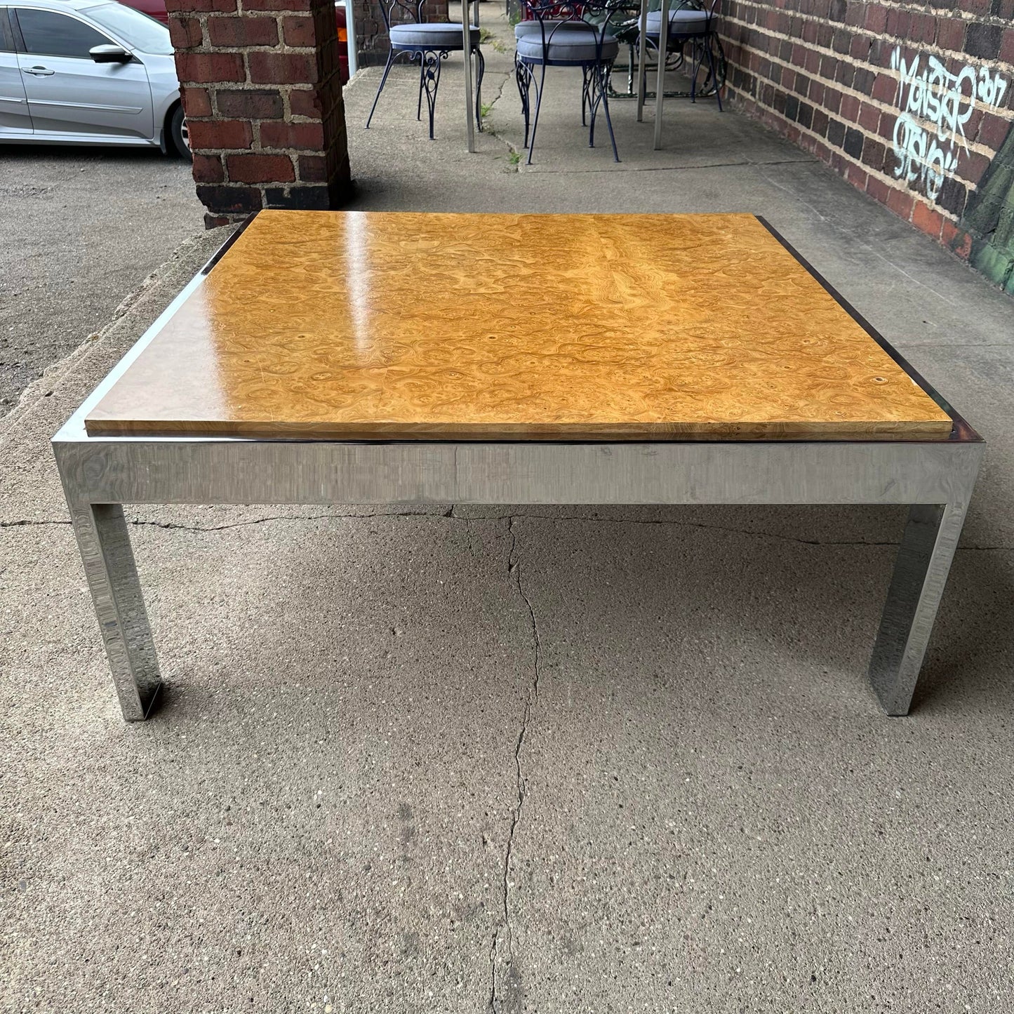 Milo Baughman for Thayer Coggin Olive Wood Burl and Chrome Coffee Table