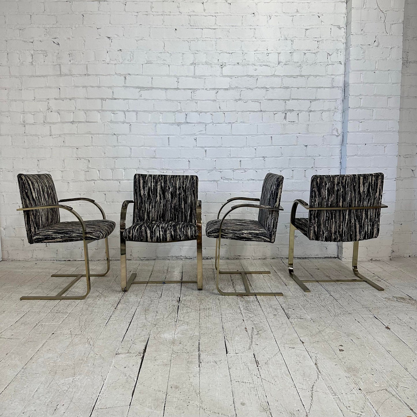 Glass and Brass Dining Set With Four Chairs Knoll Style Flat Bar Milo Baughman