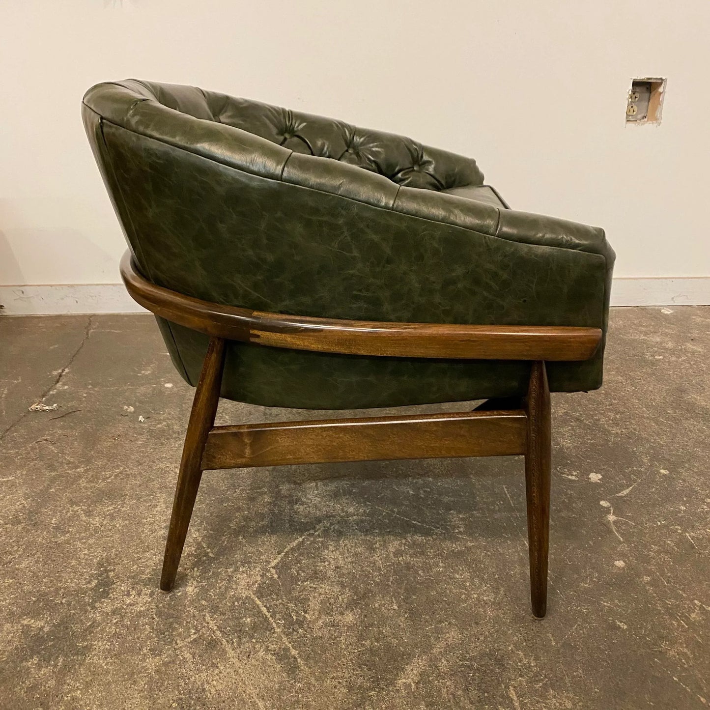 Mid Century Modern Milo Baughman Style Reupholstered Leather Barrel Back Chair. Green