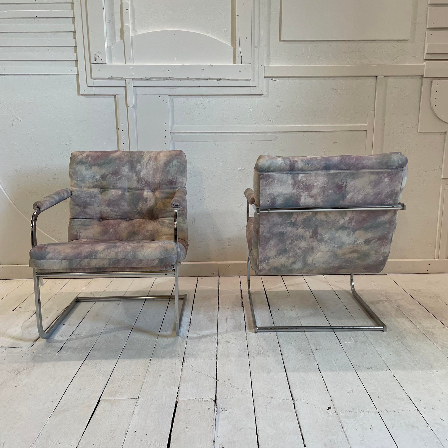 Vintage Milo Baughman Style Chrome Cantilevered Club Chairs - a Pair
