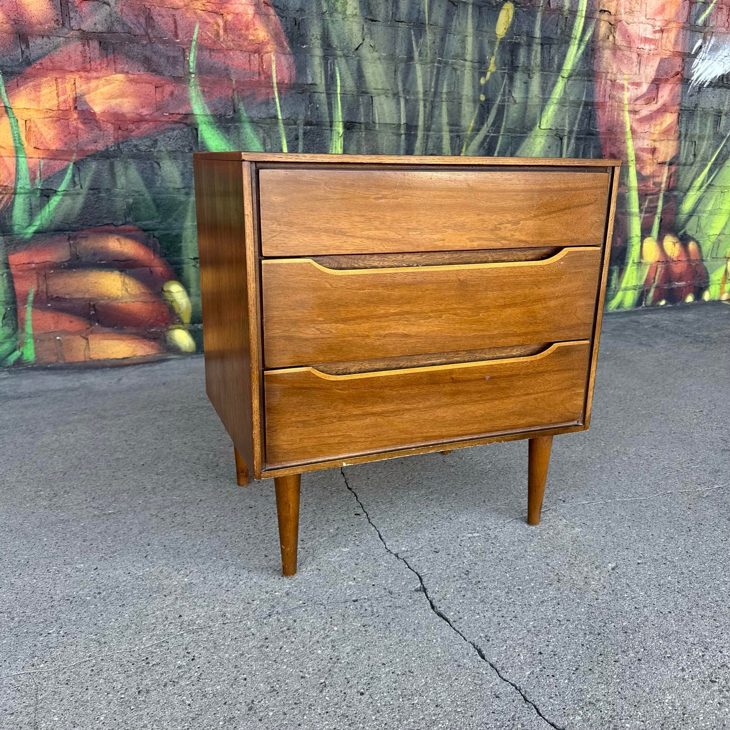Mid Century Modern Wood Three-Drawer Nightstand