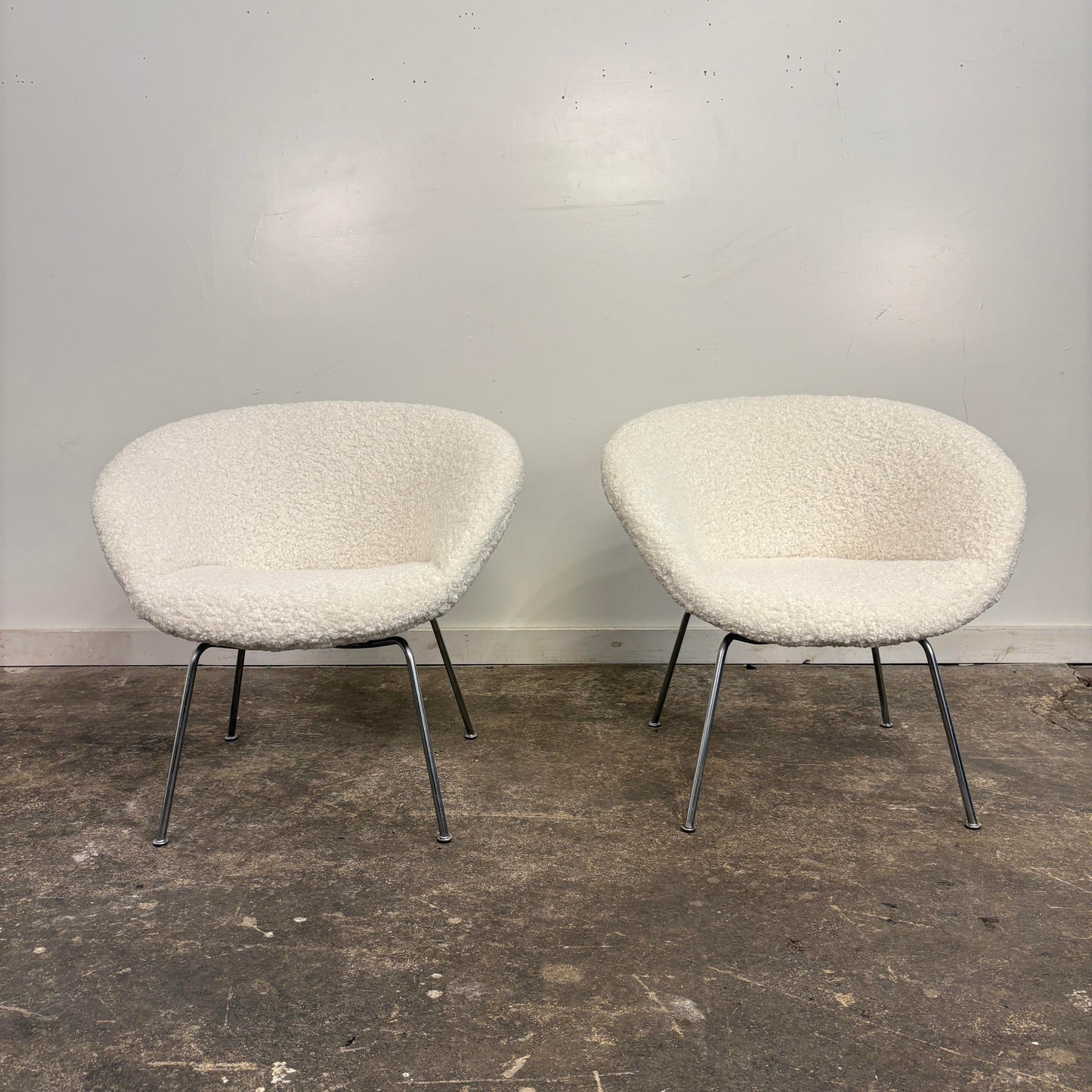 Pair of Arne Jacobsen Pot Chairs Reupholstered in Faux White Shearling