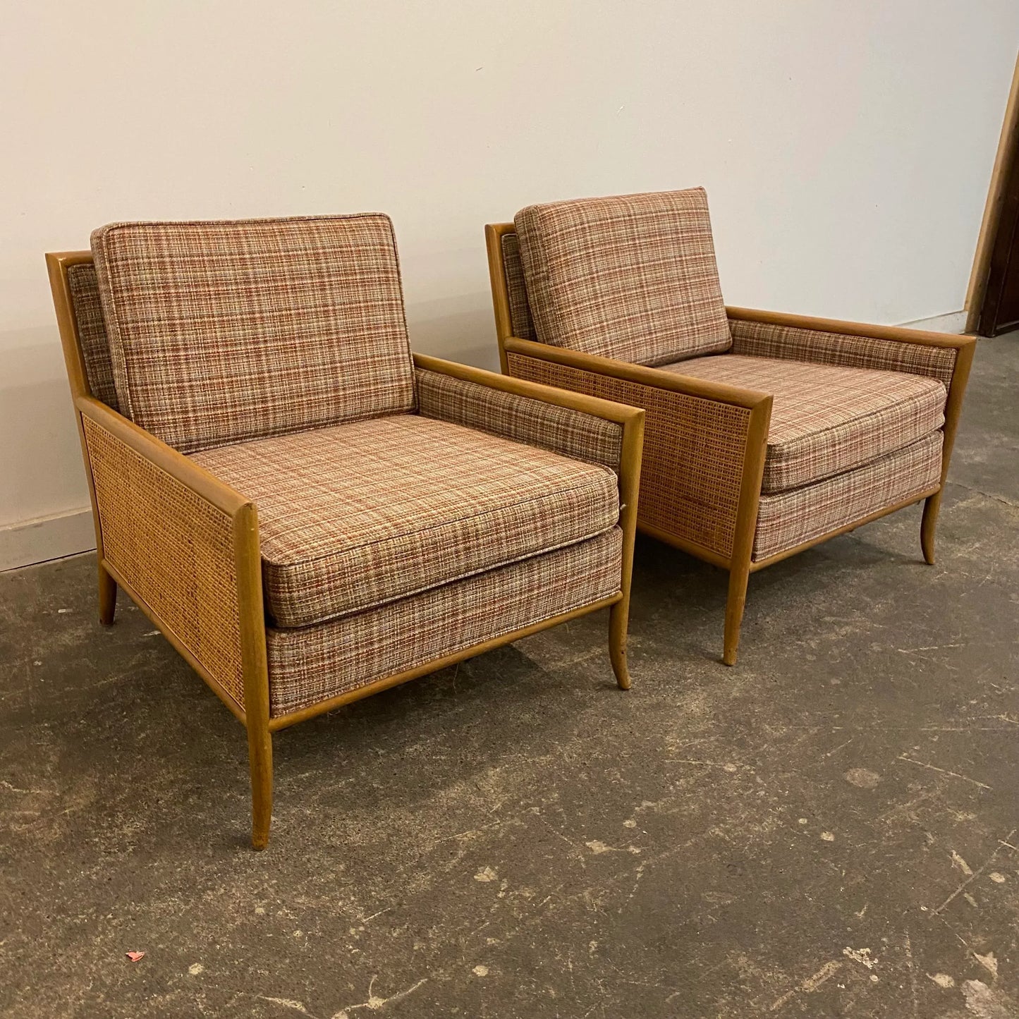 Vintage Pair of TH Robsjohn-Gibbings Cane-Sided Club Chairs Midcentury Modern