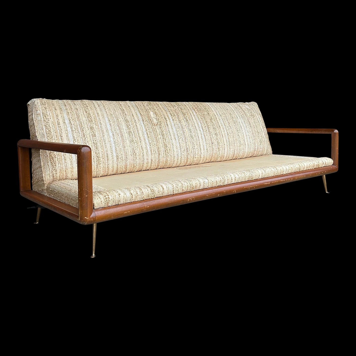 T. H. Robsjohn Gibbings Style Walnut Framed Sofa With Brass Legs