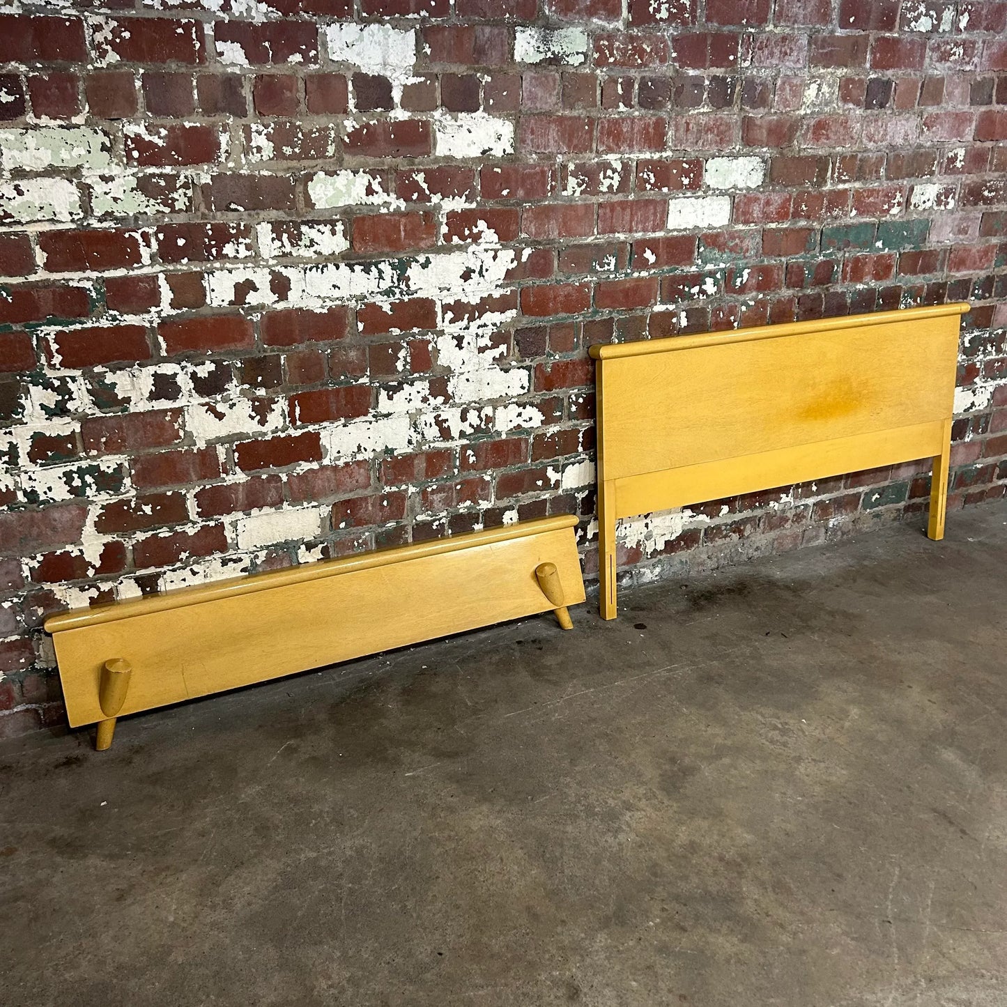 Unique Mid Century Modern Blonde Wood Full Size Headboard and Footboard