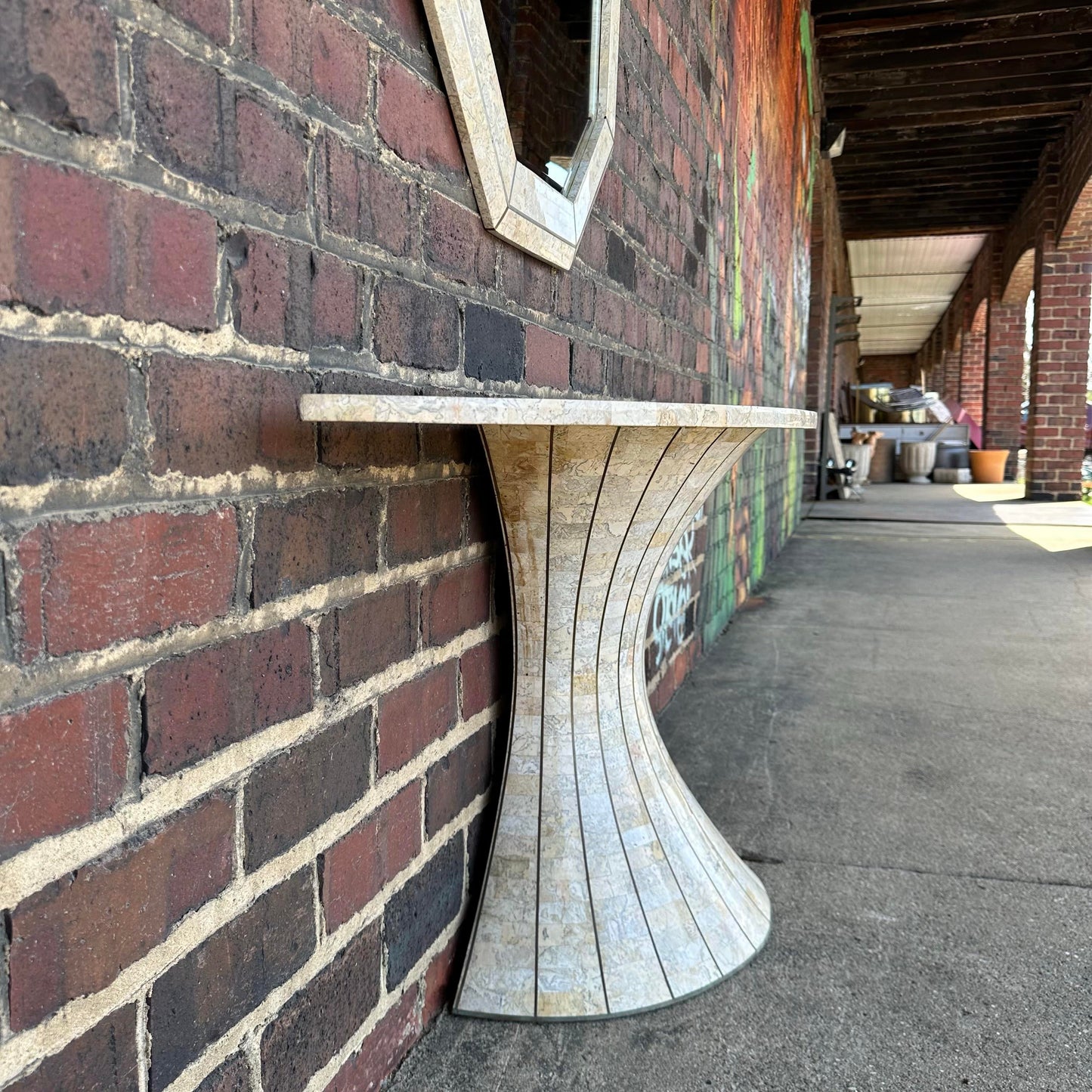 Post-Modern Travertine Vanity and Mirror Set Console Table Maitland Smith