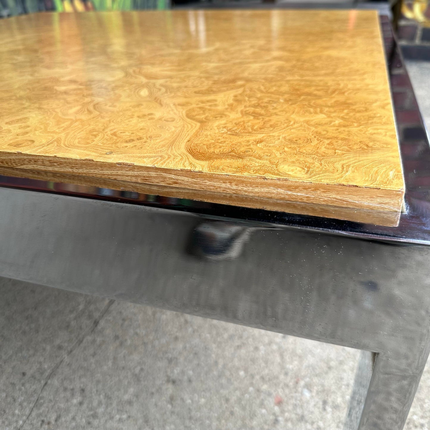 Milo Baughman for Thayer Coggin Olive Wood Burl and Chrome Coffee Table