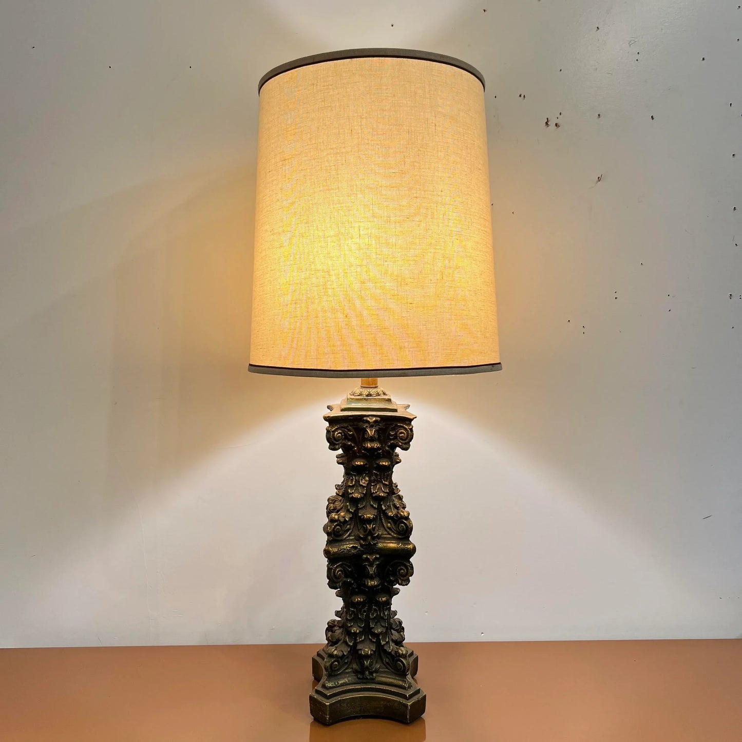 Mid-20th Century Large Ornate Gold and Bronze Lamp Plaster Column