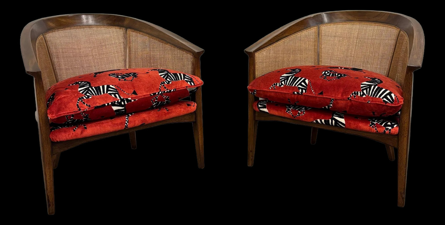 Pair of Mid-Century Caned Back Barrel Club Chairs Attributed to Directional Zebra