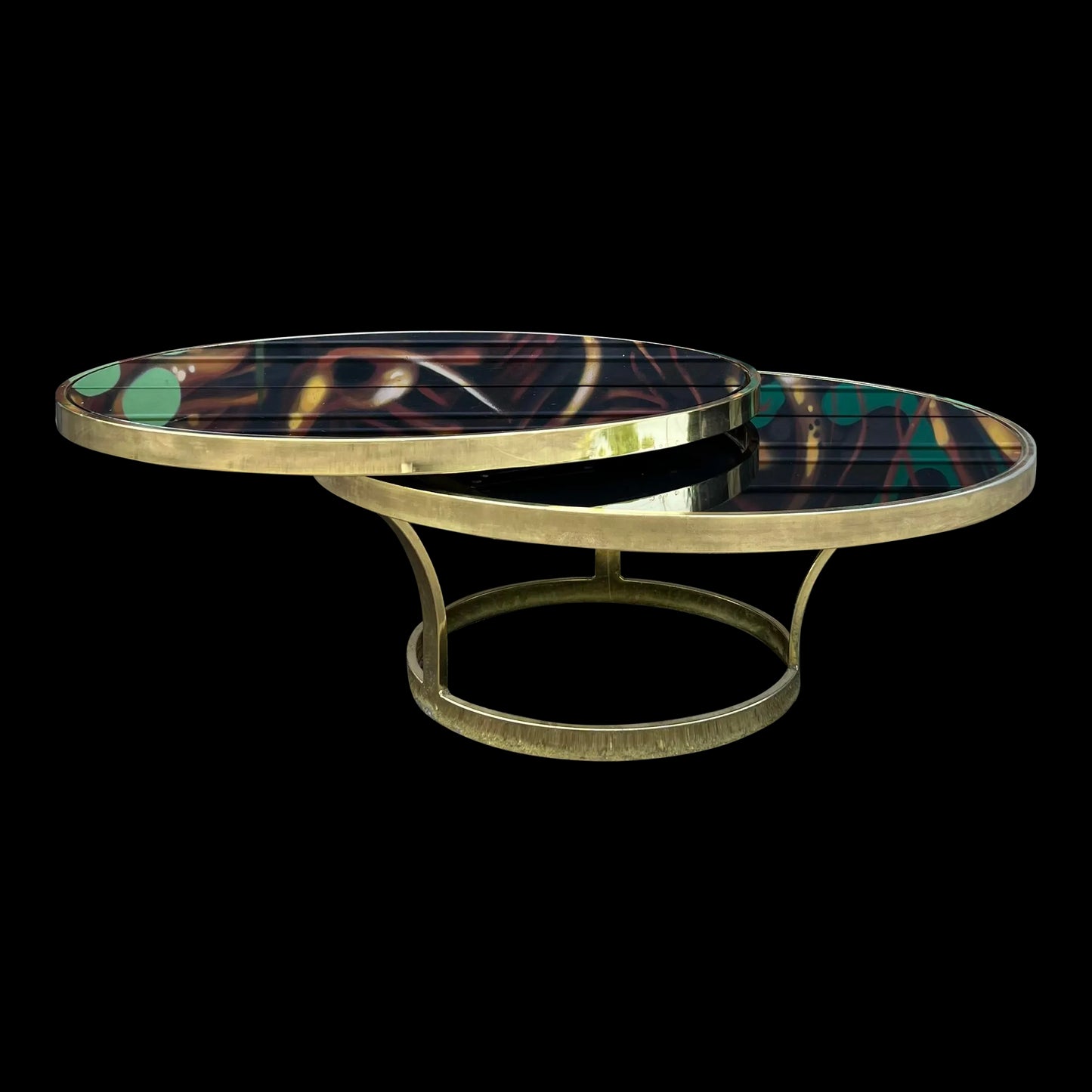 Milo Baughman Black Glass and Brass Two Tier Swivel Coffee Table