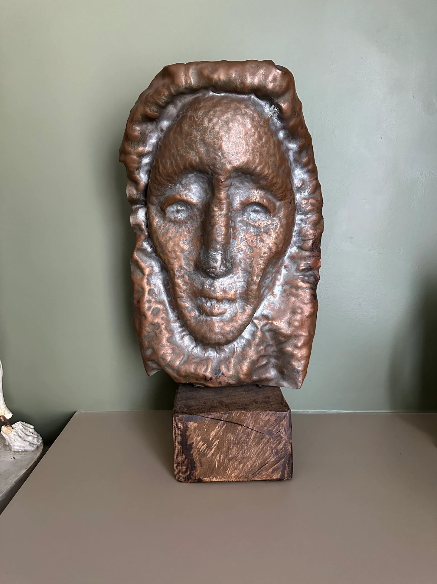 Waylande Gregory Large Hammered Copper Face Sculpture Bust on Wood Block.