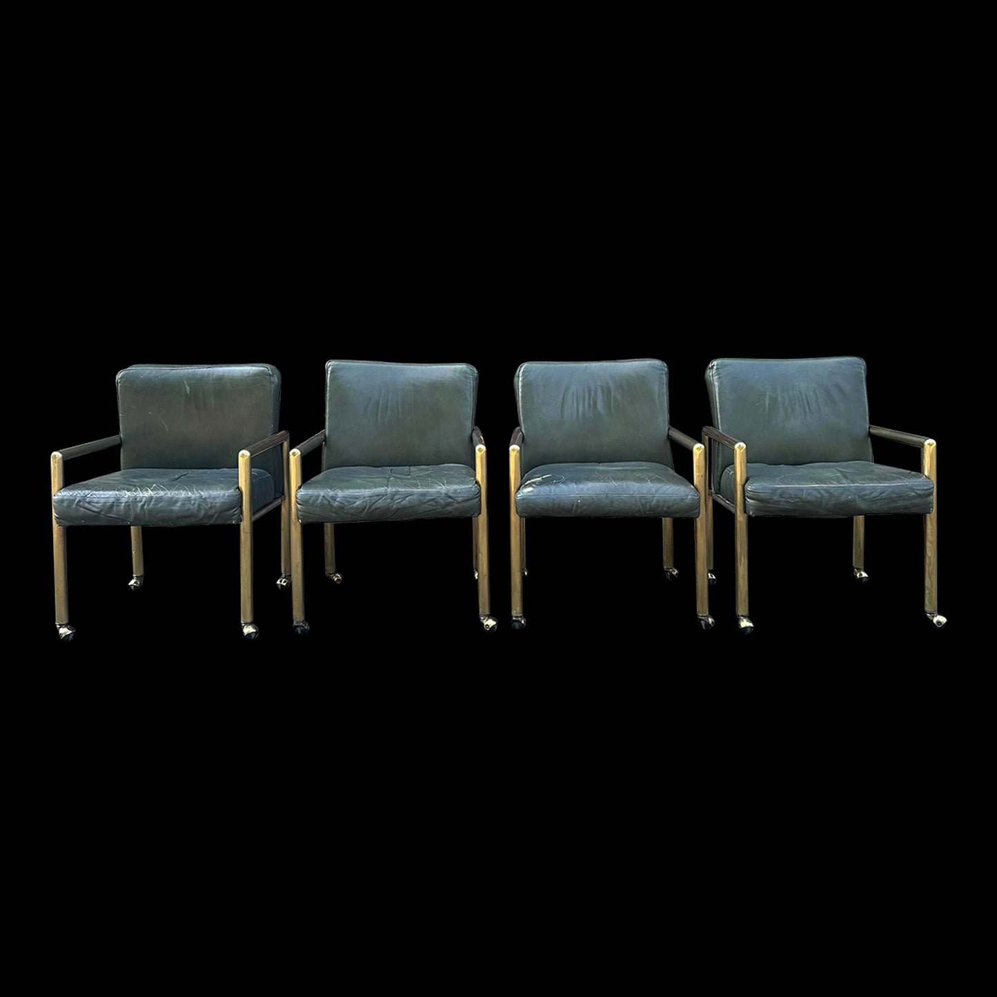 Set of 4 Tubular Brass and Leather Chairs on Wheels