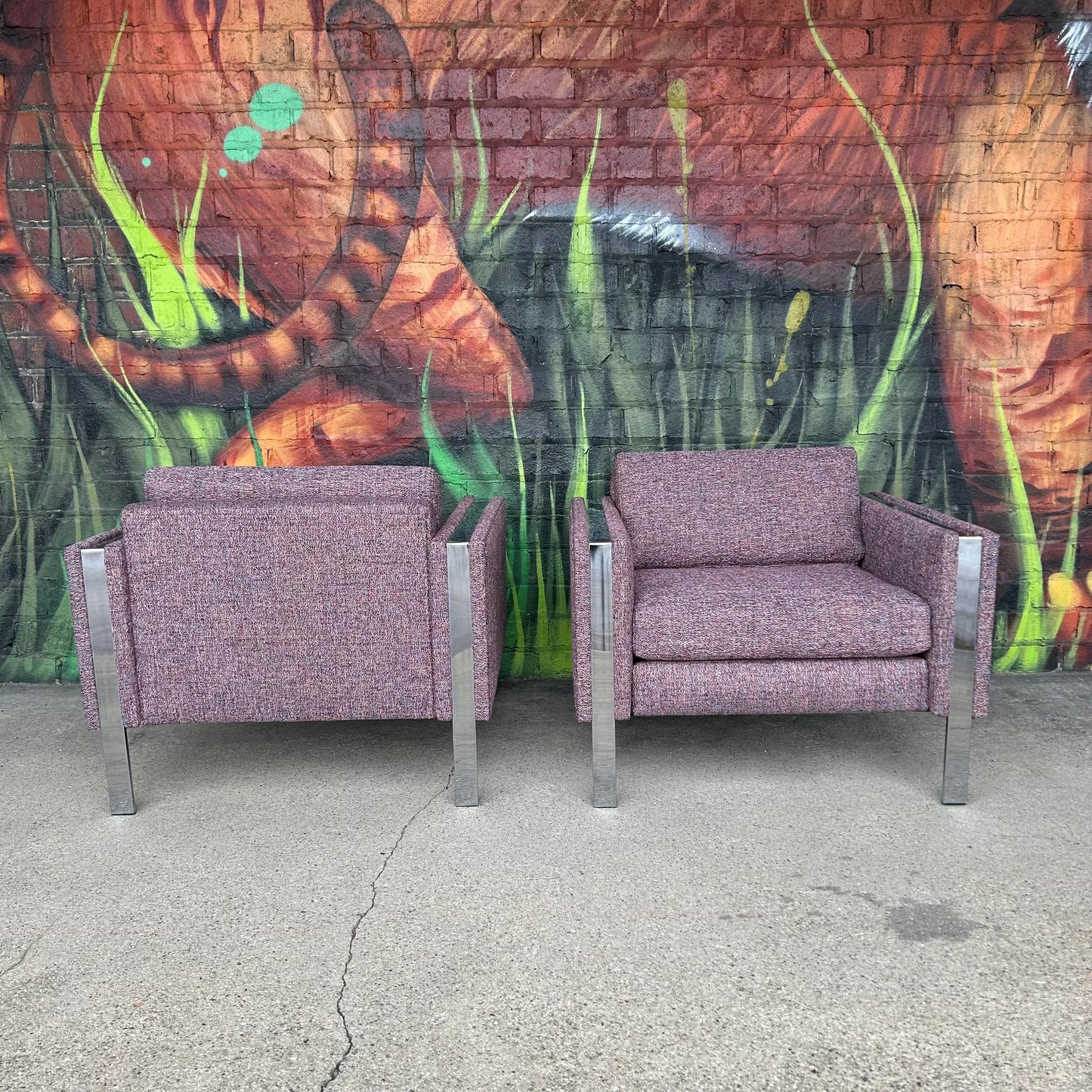 Pair of Chrome Cube Club Chairs Newly Upholstered in a Great Multi Color Texture Fabric