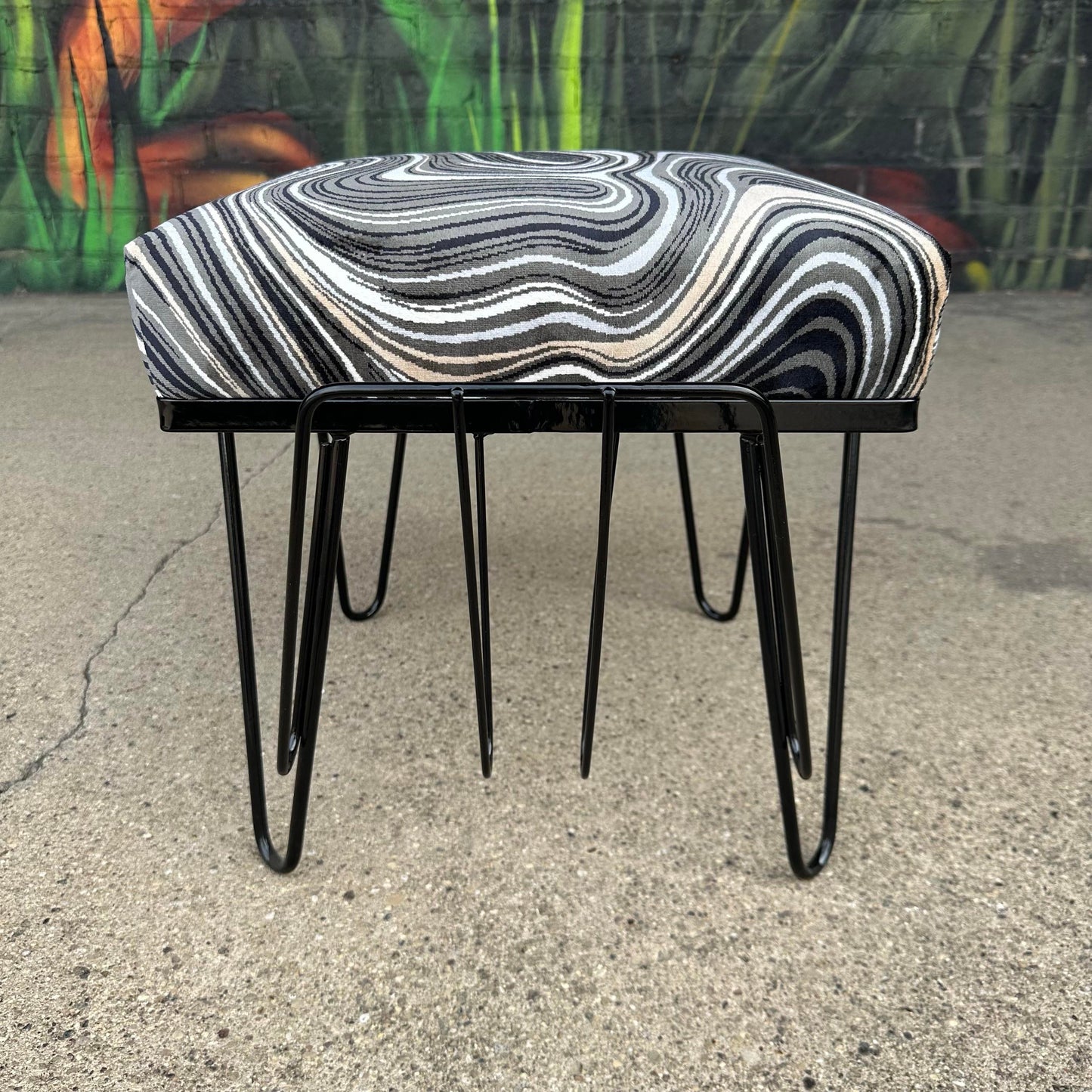 Reupholstered and Powder Coated Hairpin Leg Magazine Rack Ottoman