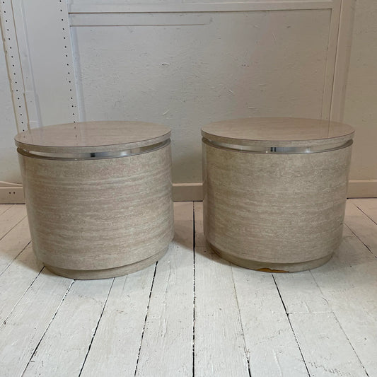 1980s Travertine Laminate Drum Side Tables With Chrome Trim - a Pair