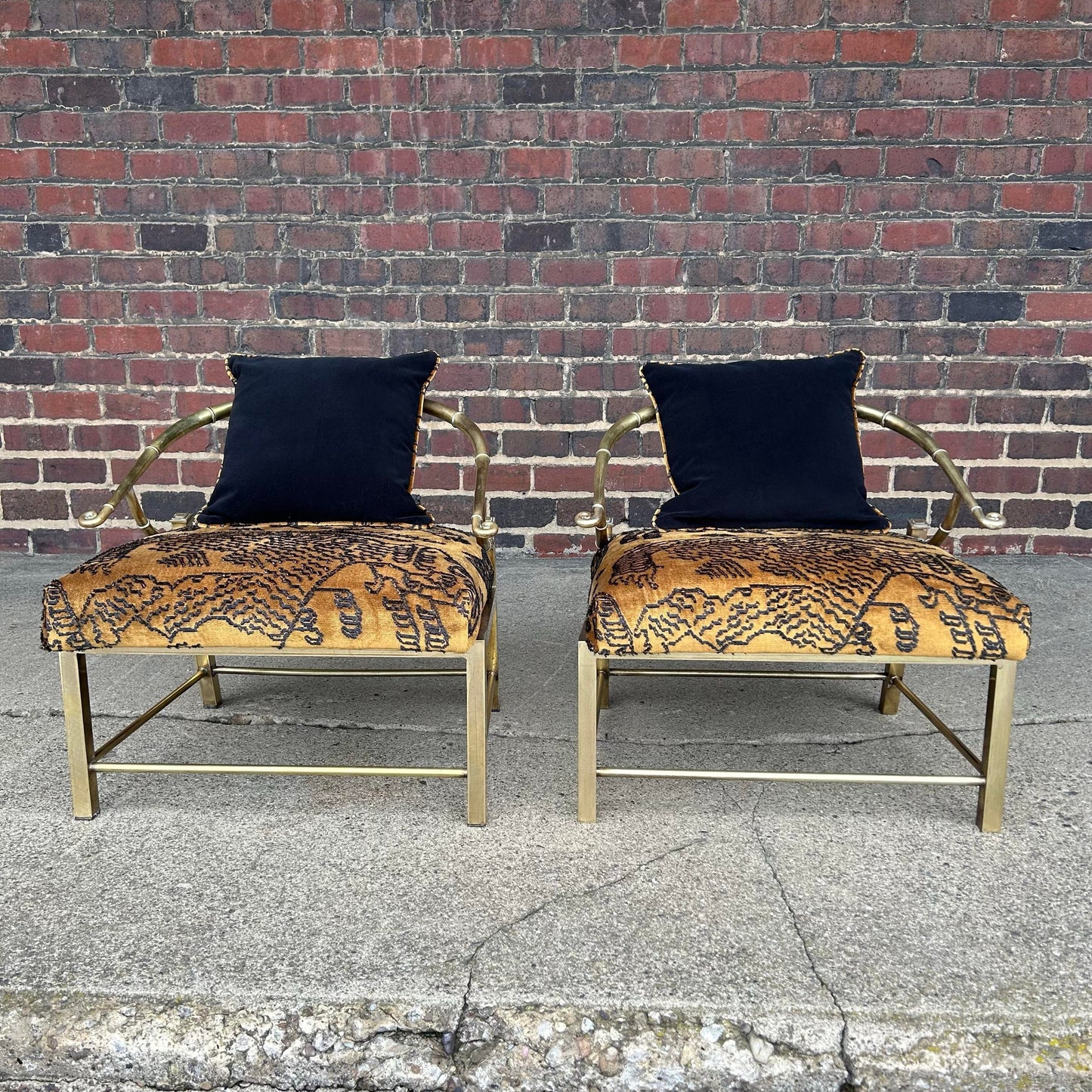 Pair of Mastercraft Brass Chairs With Italian Fabric