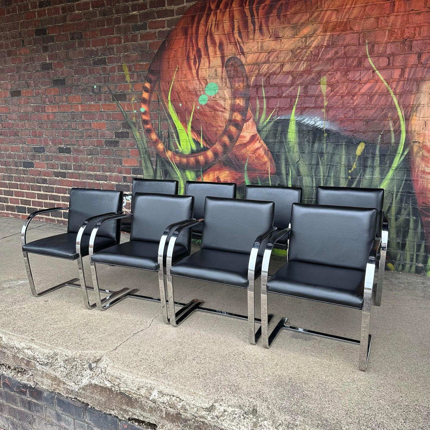 Set of 8 Gordon International Ludwig Mies Van Der Rohe Style Armchairs Black Leather