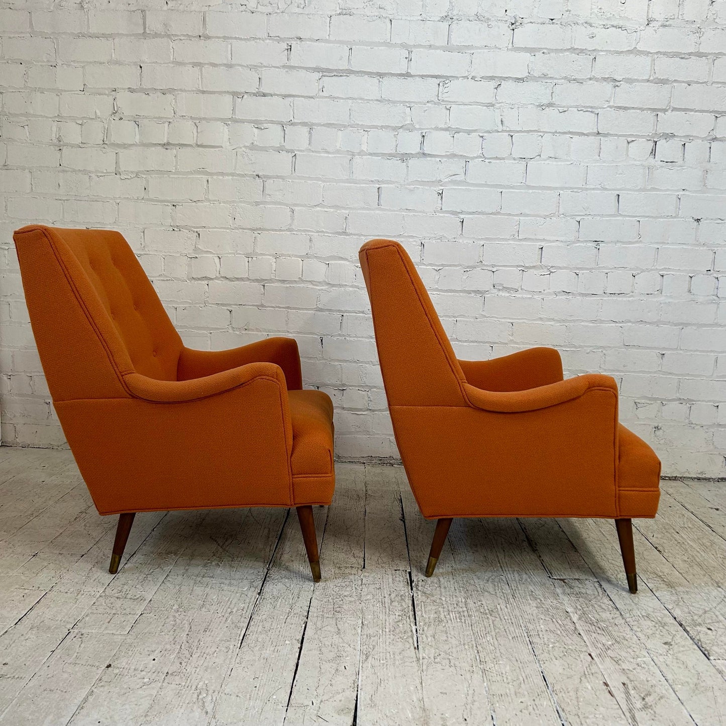 Reupholstered Pair of Orange Mid Century Modern Lounge Chairs