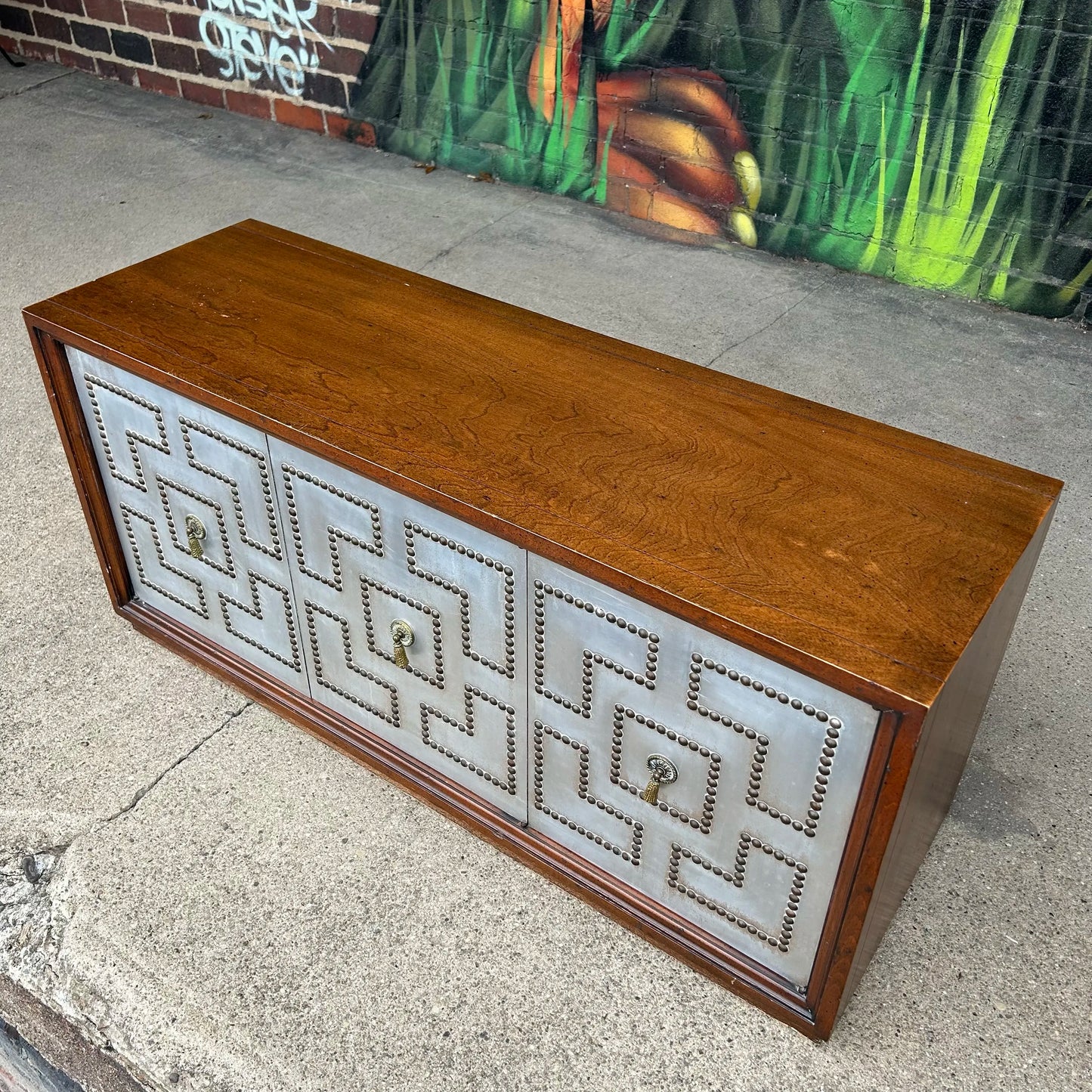 Petite Parzinger Style Hammered-Metal Fronted Cabinet