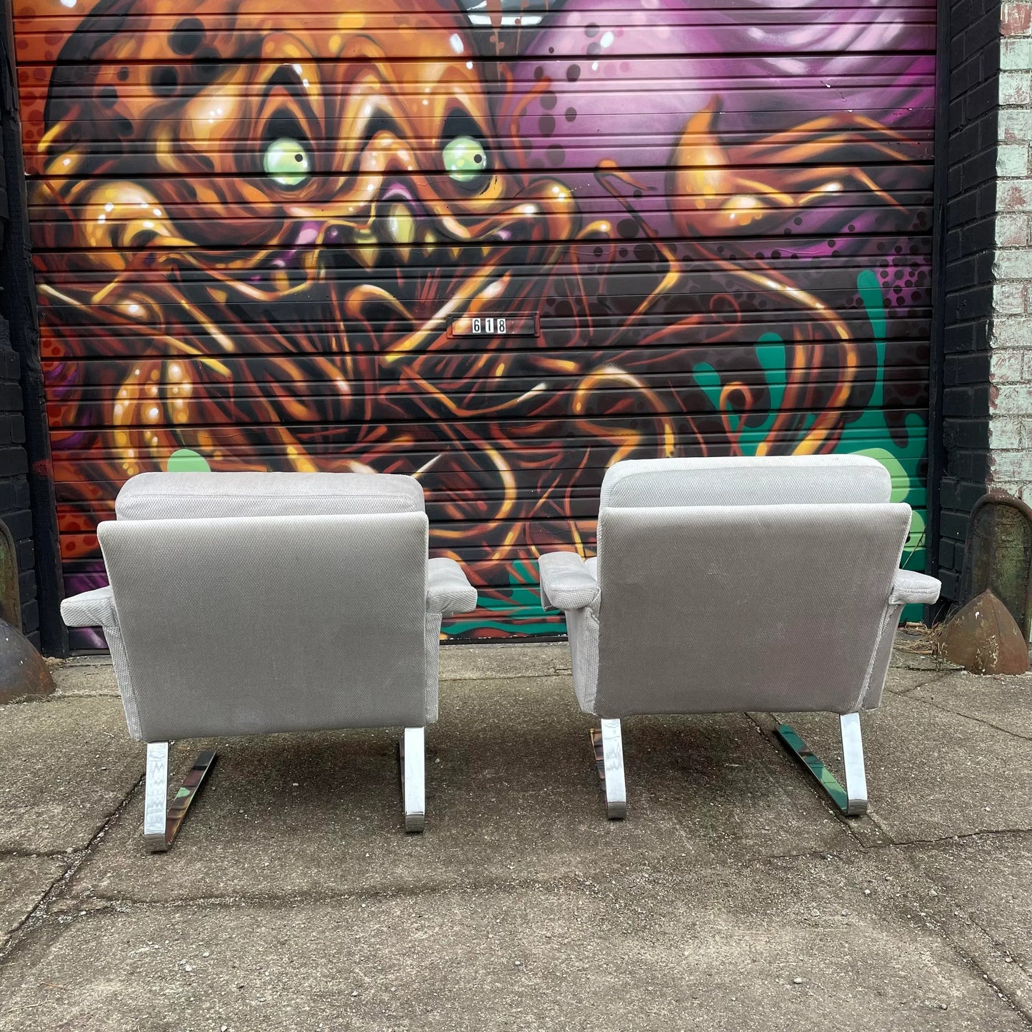 Pair of 1980’s Chrome Base Lounge Chairs Cantilevered