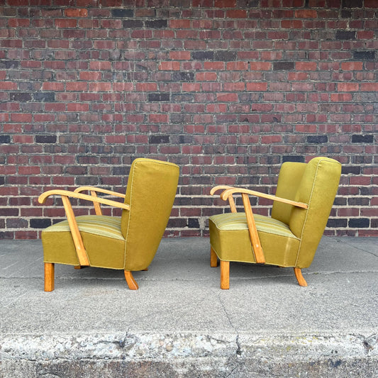 Pair of European Art Deco Green Arm Chairs