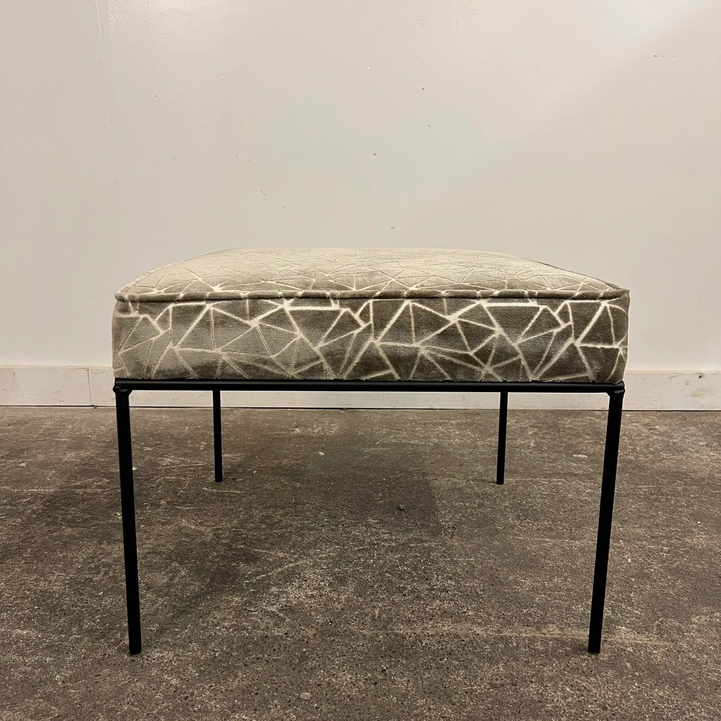 Paul McCobb Style Ottoman Stool Grey and White Cut Velvet